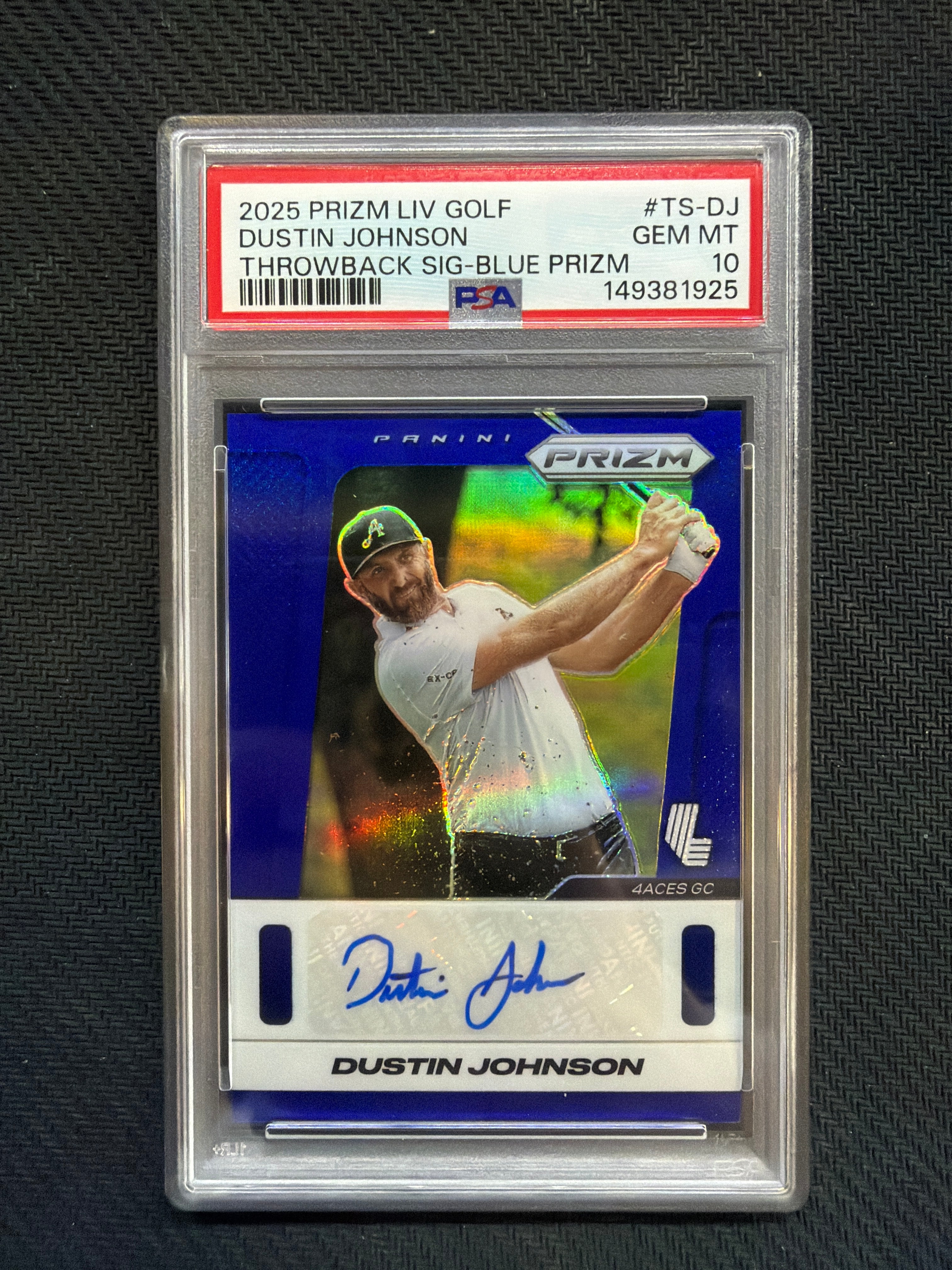 2025 Prizm Liv Golf Justin Johnson Throwback Signatures Blue Prizm /99 PSA 10