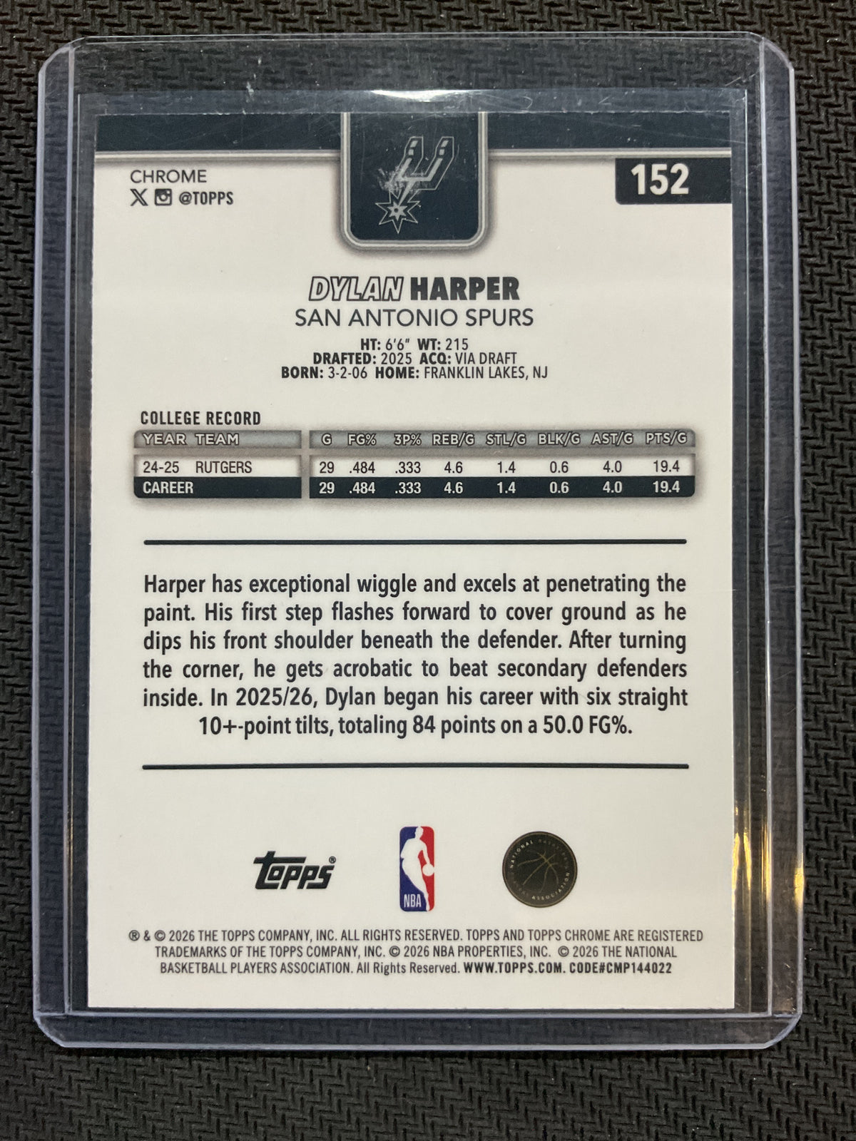2026 Topps Chrome Update Dylan Harper Red White Blue Rookie Refractor #152 Spurs