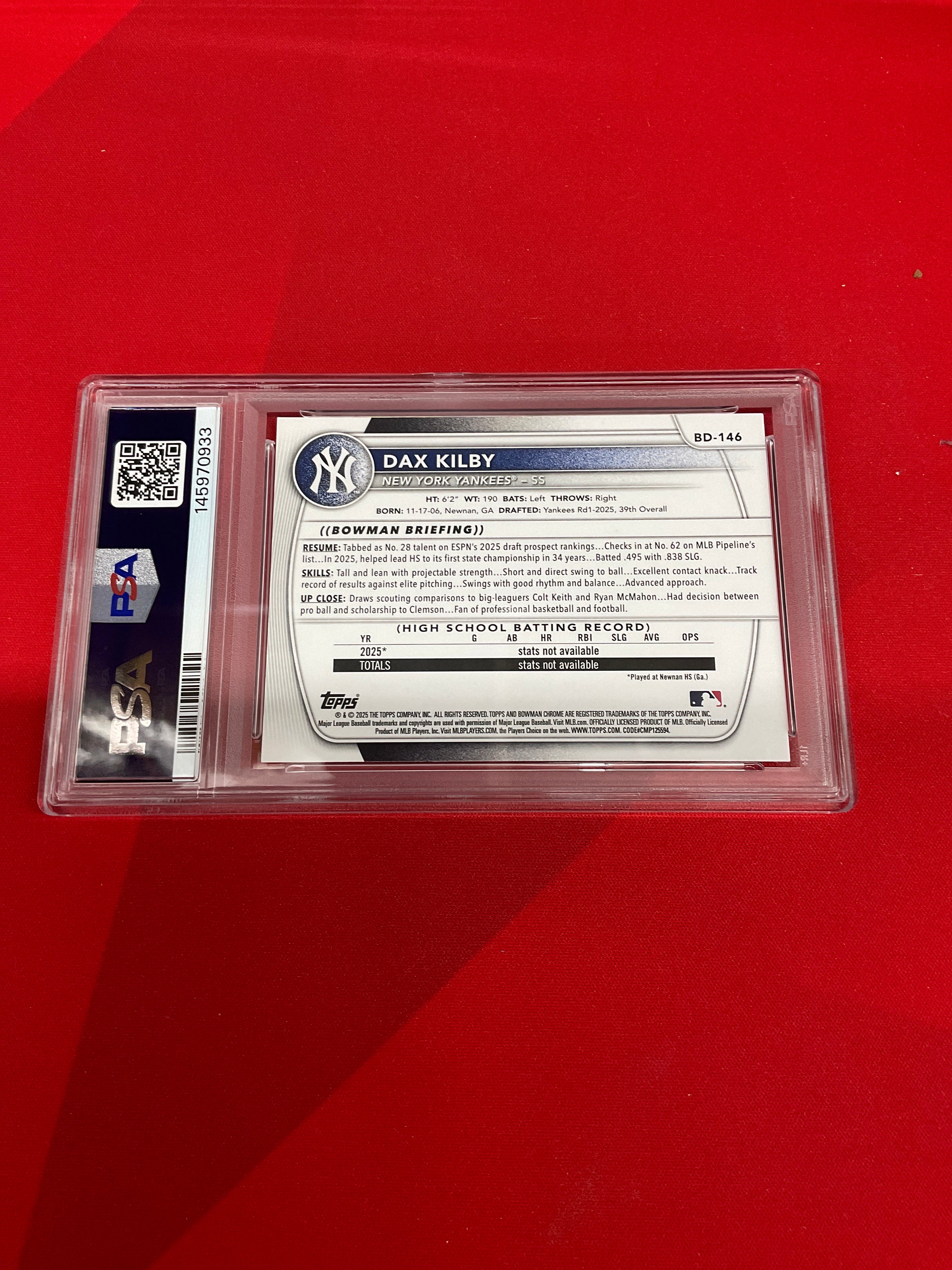 2025 Bowman Paper Dax Kilby Rookie PSA 10 Yankees