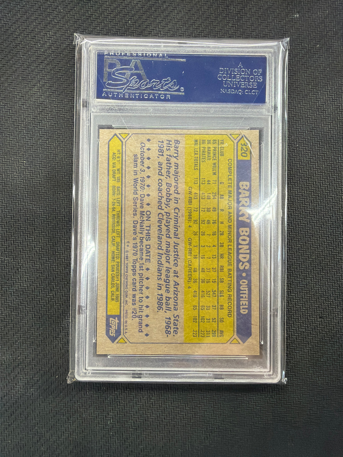 1987 Topps Barry Bonds #320 Rookie PSA 10 Pirates