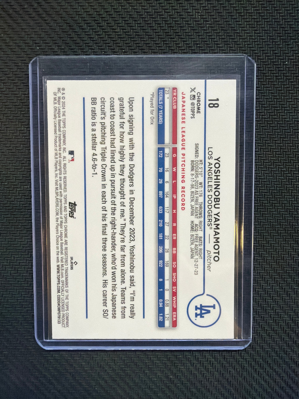 2024 Topps Chrome Logofractor Yoshinobu Yamamoto Rookie /250