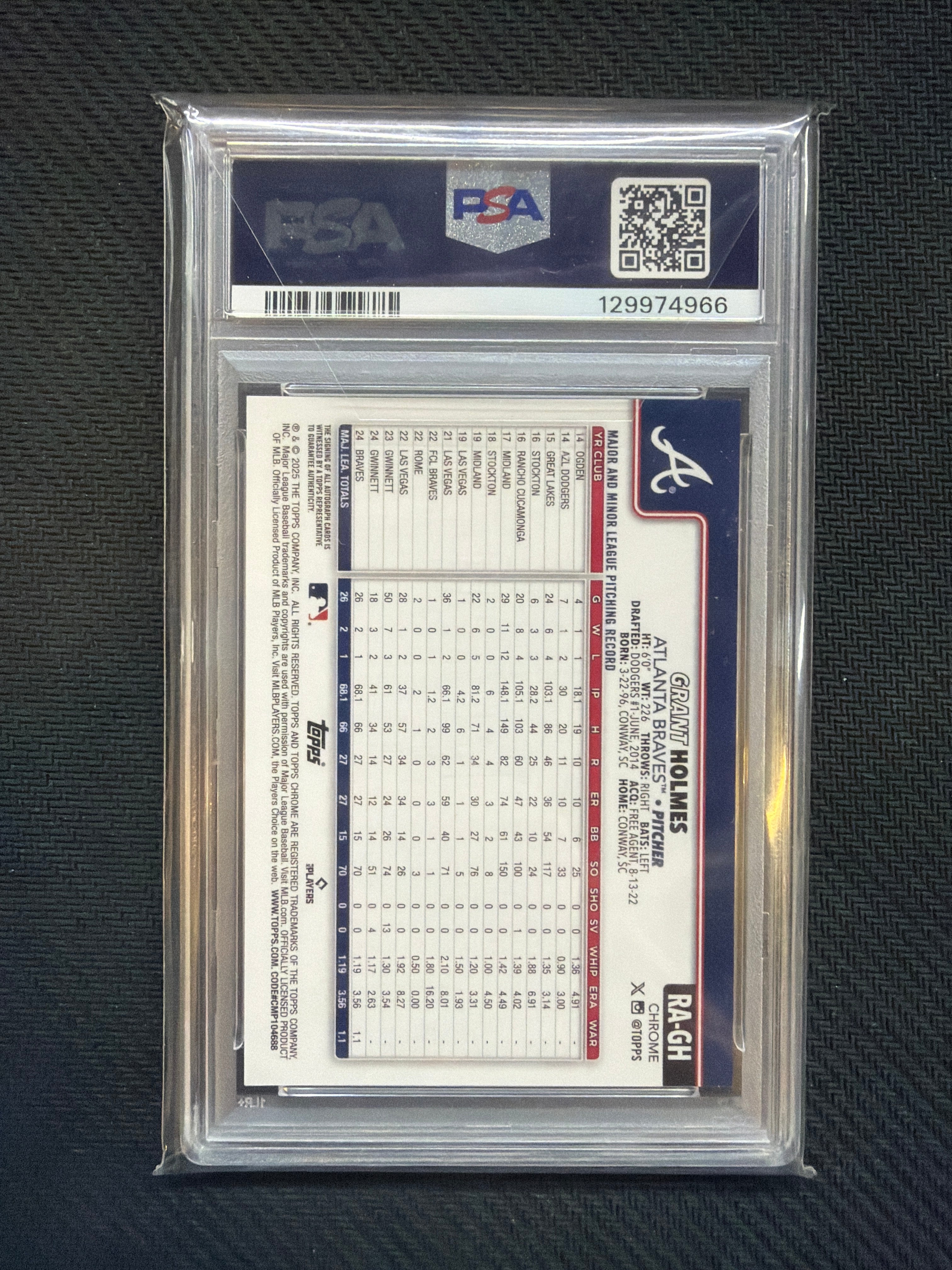 2025 Topps Chrome Grant Holmes Rookie Auto Purple Speckle /299 PSA 10 Braves