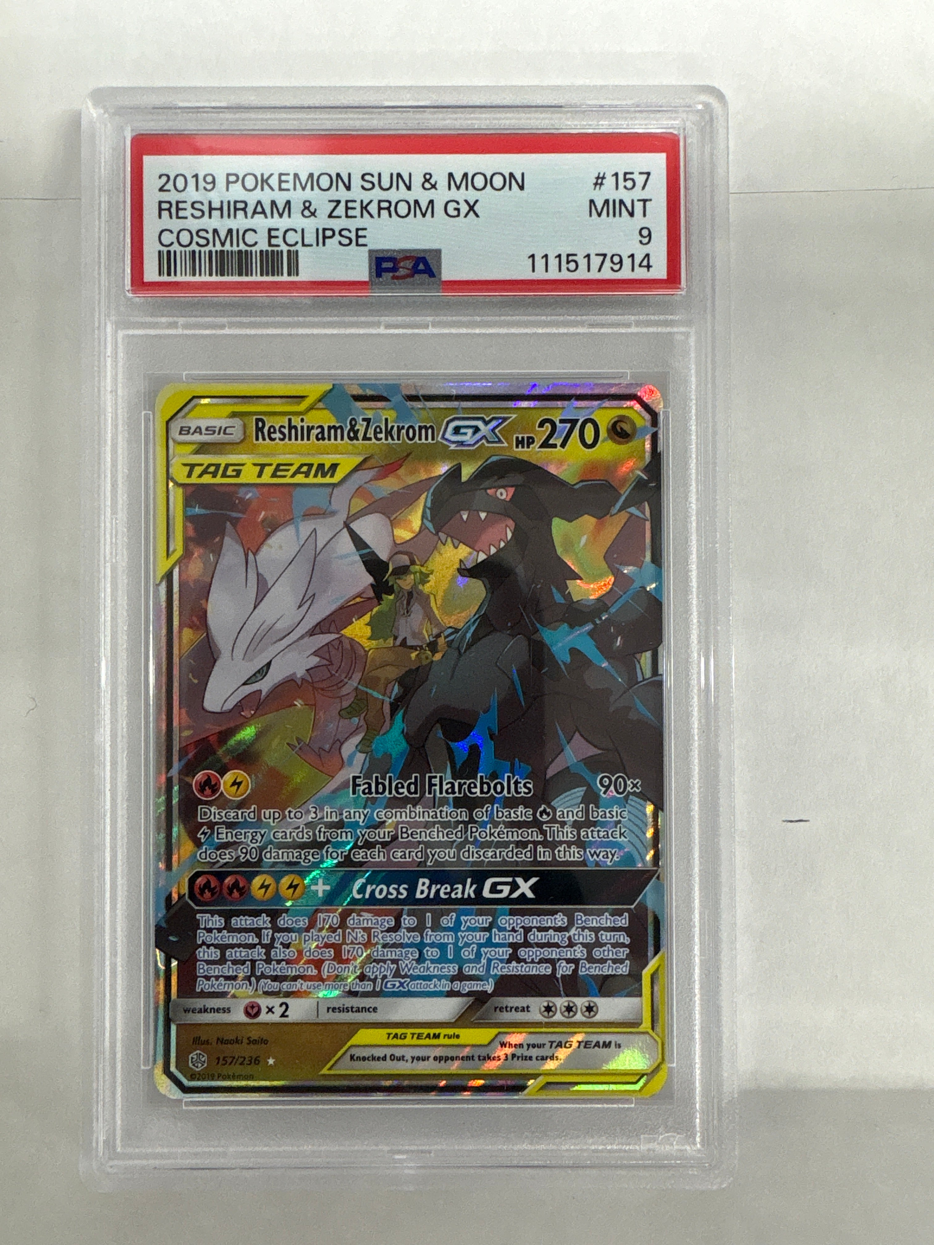 2019 Pokemon Cosmic Eclipse Reshiram & Zekrom GX 157 PSA 9