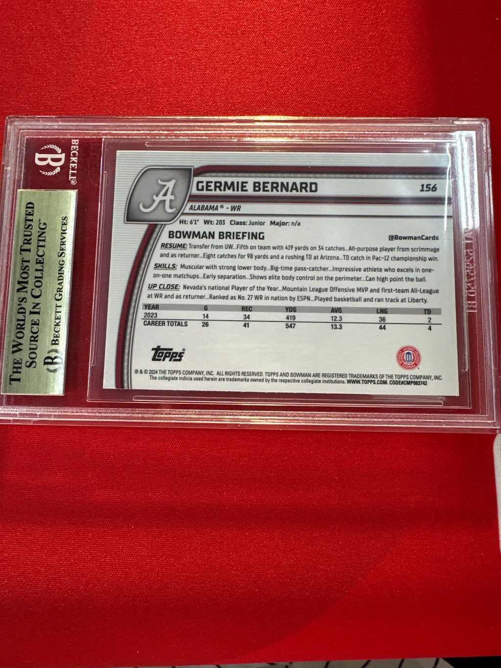 2024 Bowman U Sapphire Germie Bernard Rookie BGS 9.5 Alabama