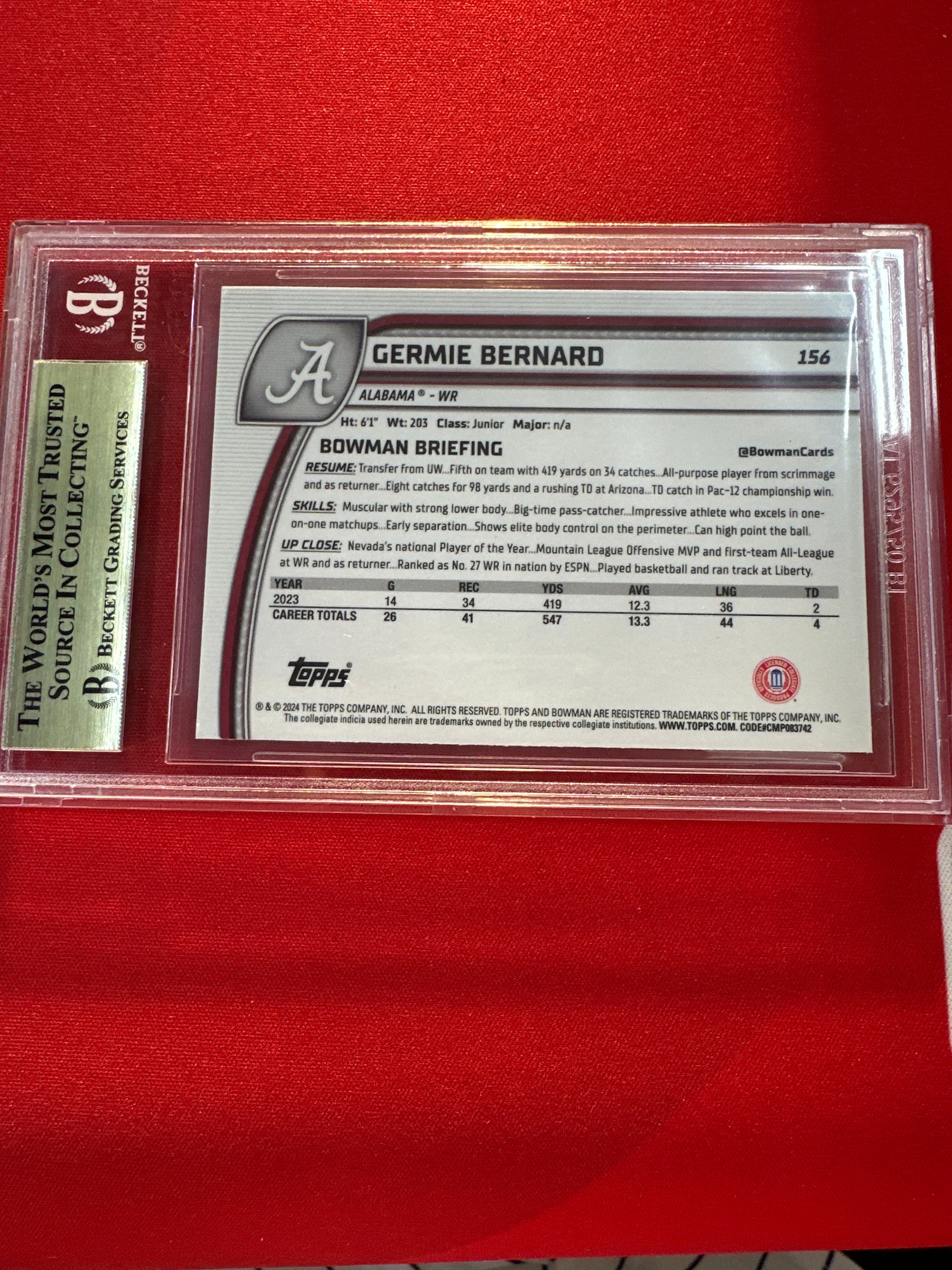 2024 Bowman U Sapphire Germie Bernard Rookie BGS 9.5 Alabama