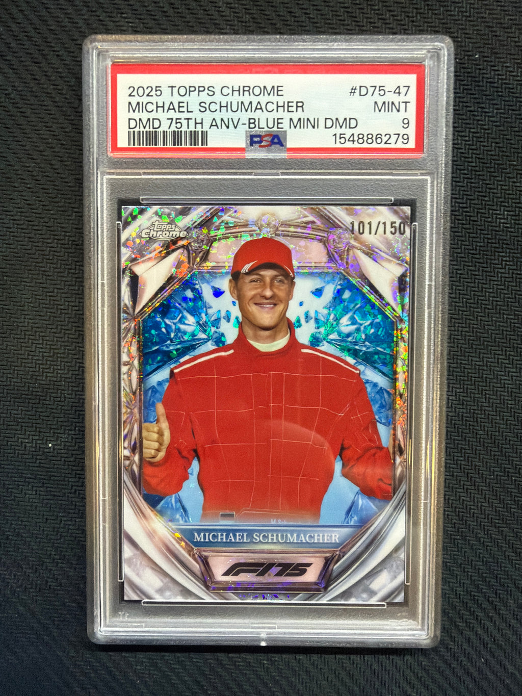 2025 Topps Chrome F1 Michael Schumacher Diamond 75th Anniversary Blue Mini Diamond /150 PSA 9