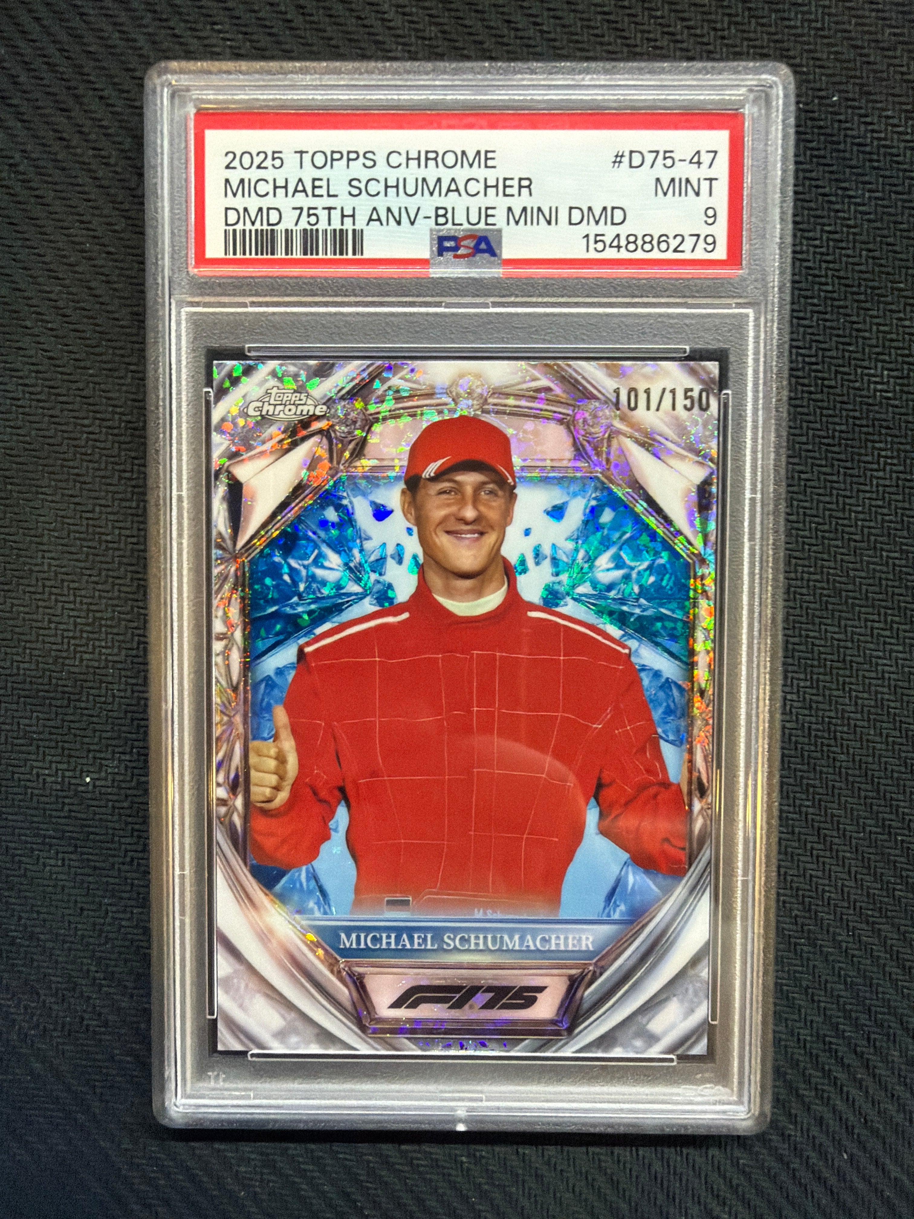2025 Topps Chrome F1 Michael Schumacher Diamond 75th Anniversary Blue Mini Diamond /150 PSA 9