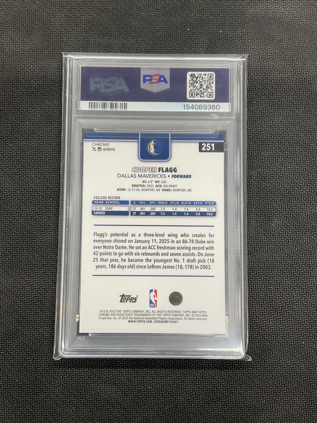 2025/26 Topps Chrome Cooper Flagg Rookie PSA 10 Mavs 360