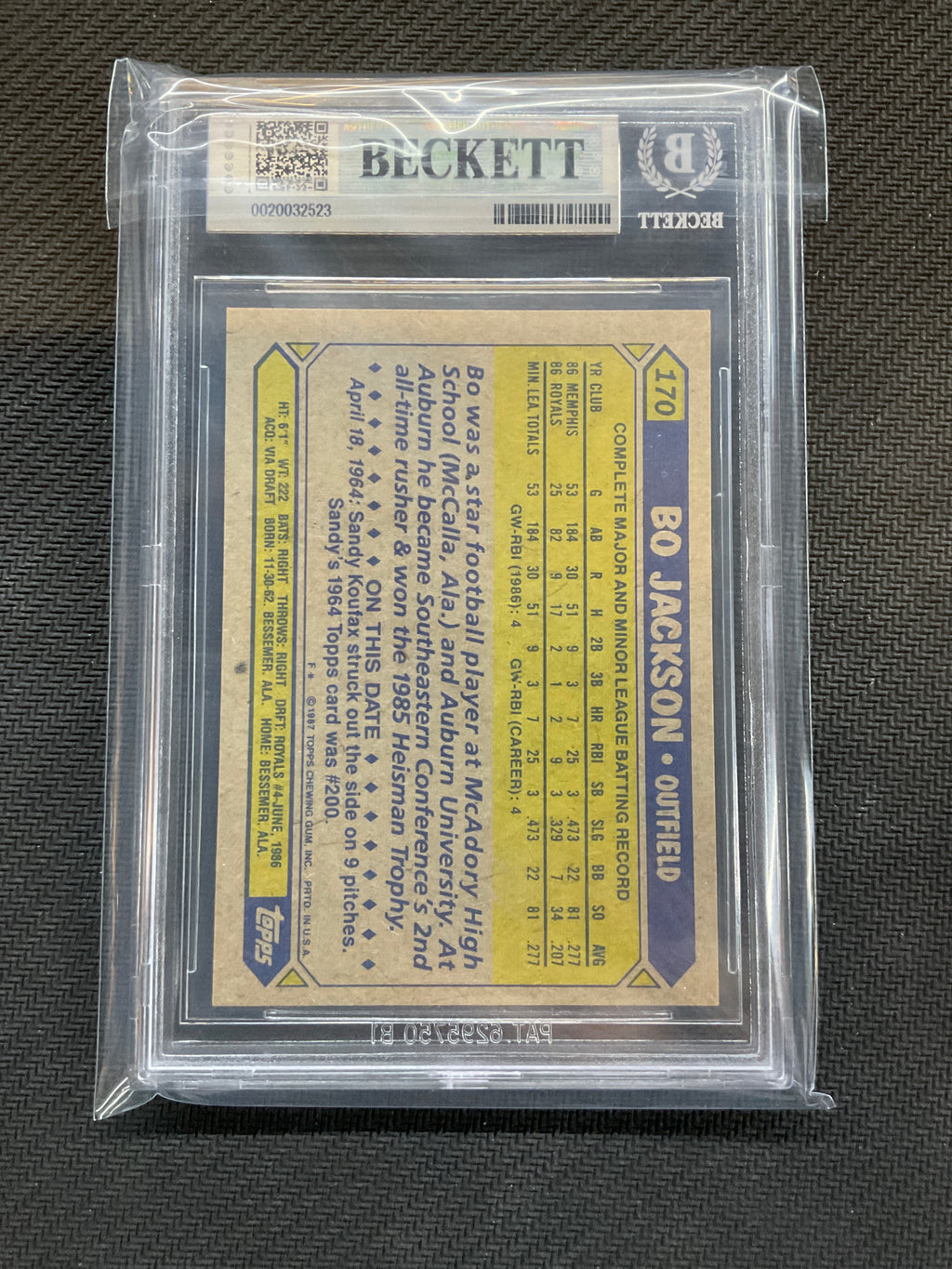 1987 Topps #170 Bo Jackson Rookie BGS 7.5 Royals 523
