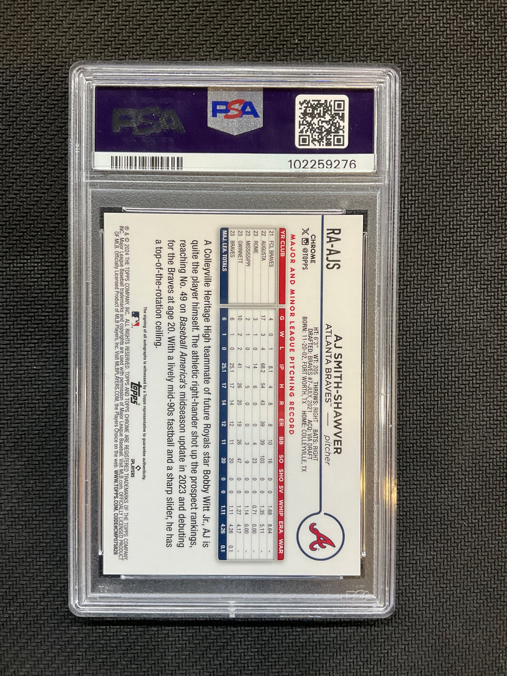 2024 Topps Chrome AJ Smith Shawver Rookie Auto Blue Refractor /150 PSA 10