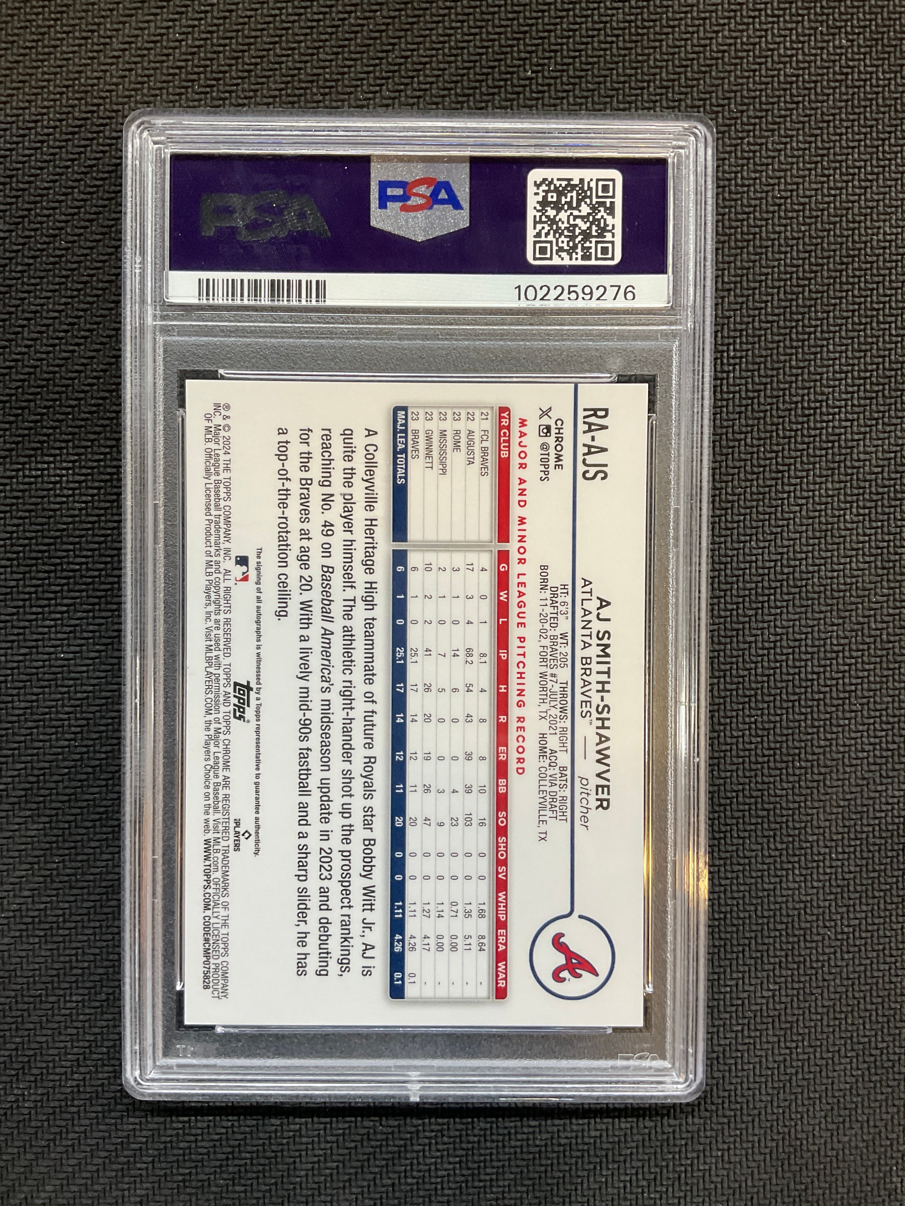 2024 Topps Chrome AJ Smith Shawver Rookie Auto Blue Refractor /150 PSA 10
