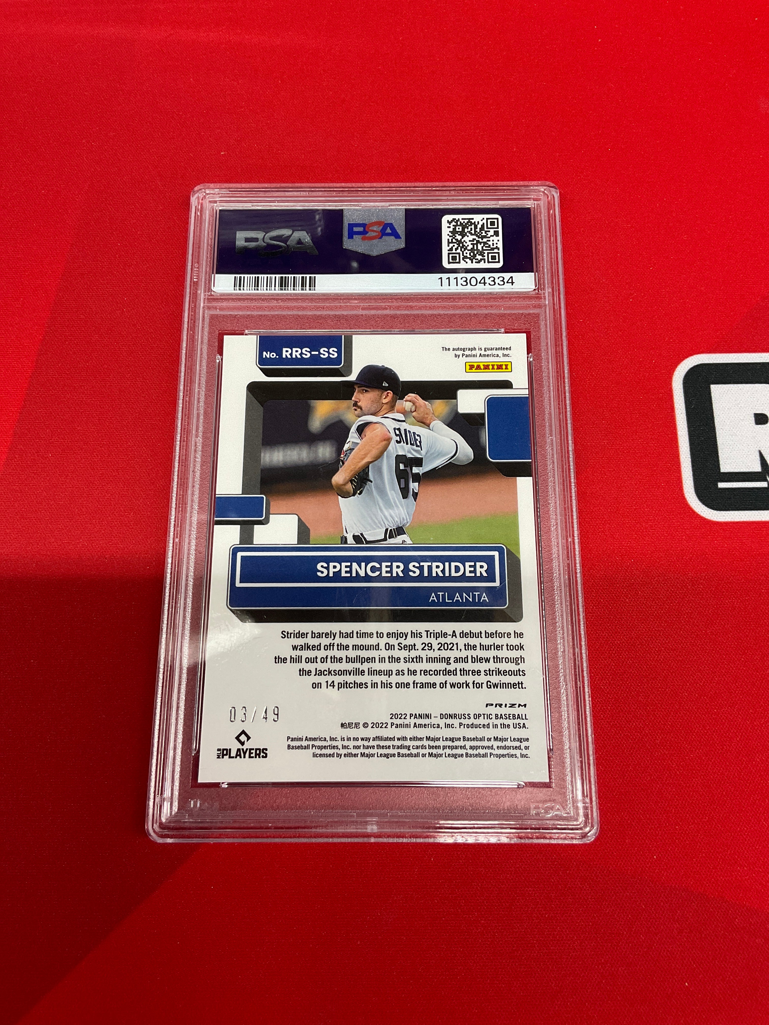 2022 Donruss Optic Spencer Strider Purple Stars Auto /49 PSA 10 Braves
