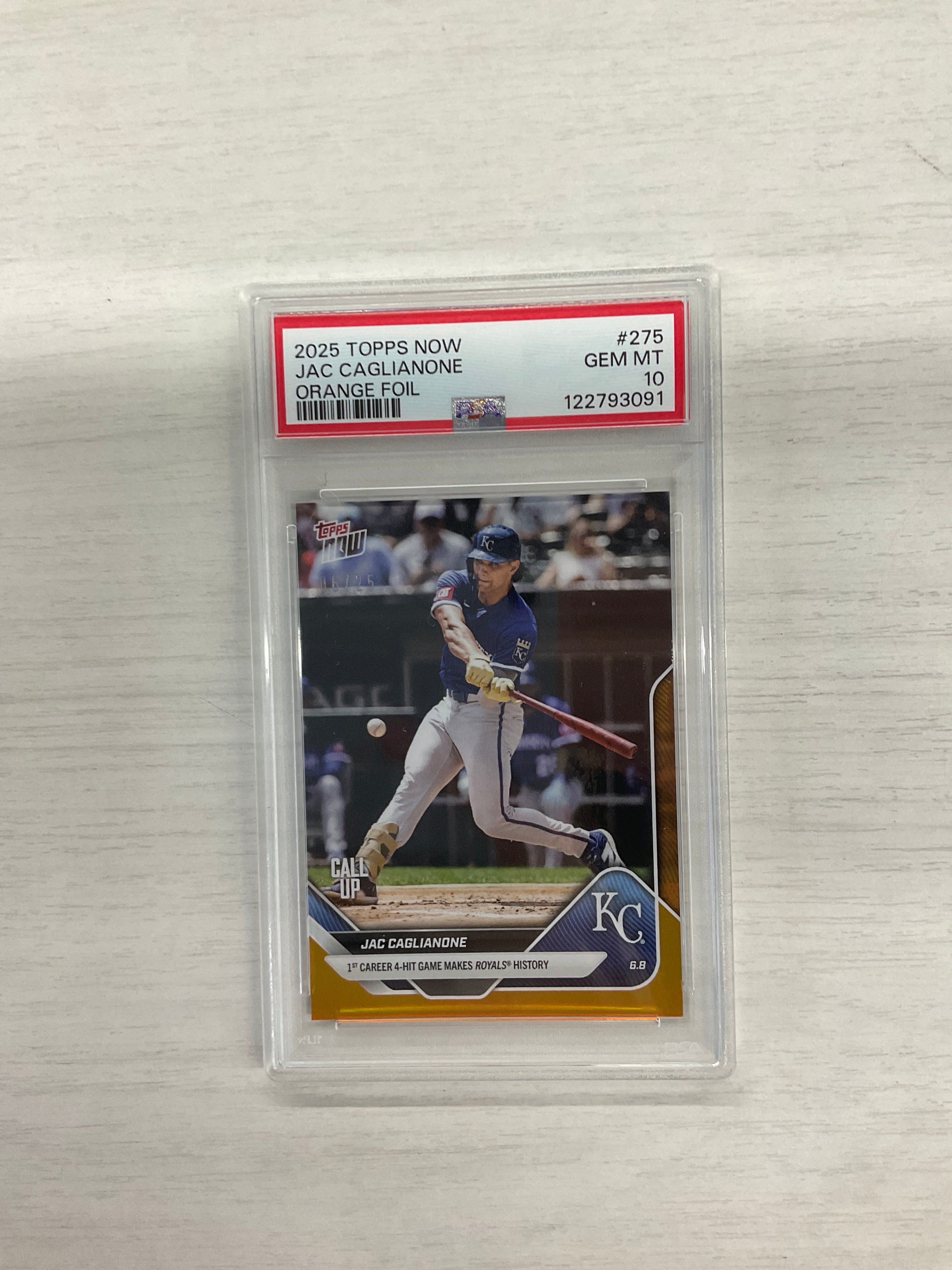 2025 Topps Now Jac Caglianone Orange Foil /25 Call Up Rookie #275 PSA 10