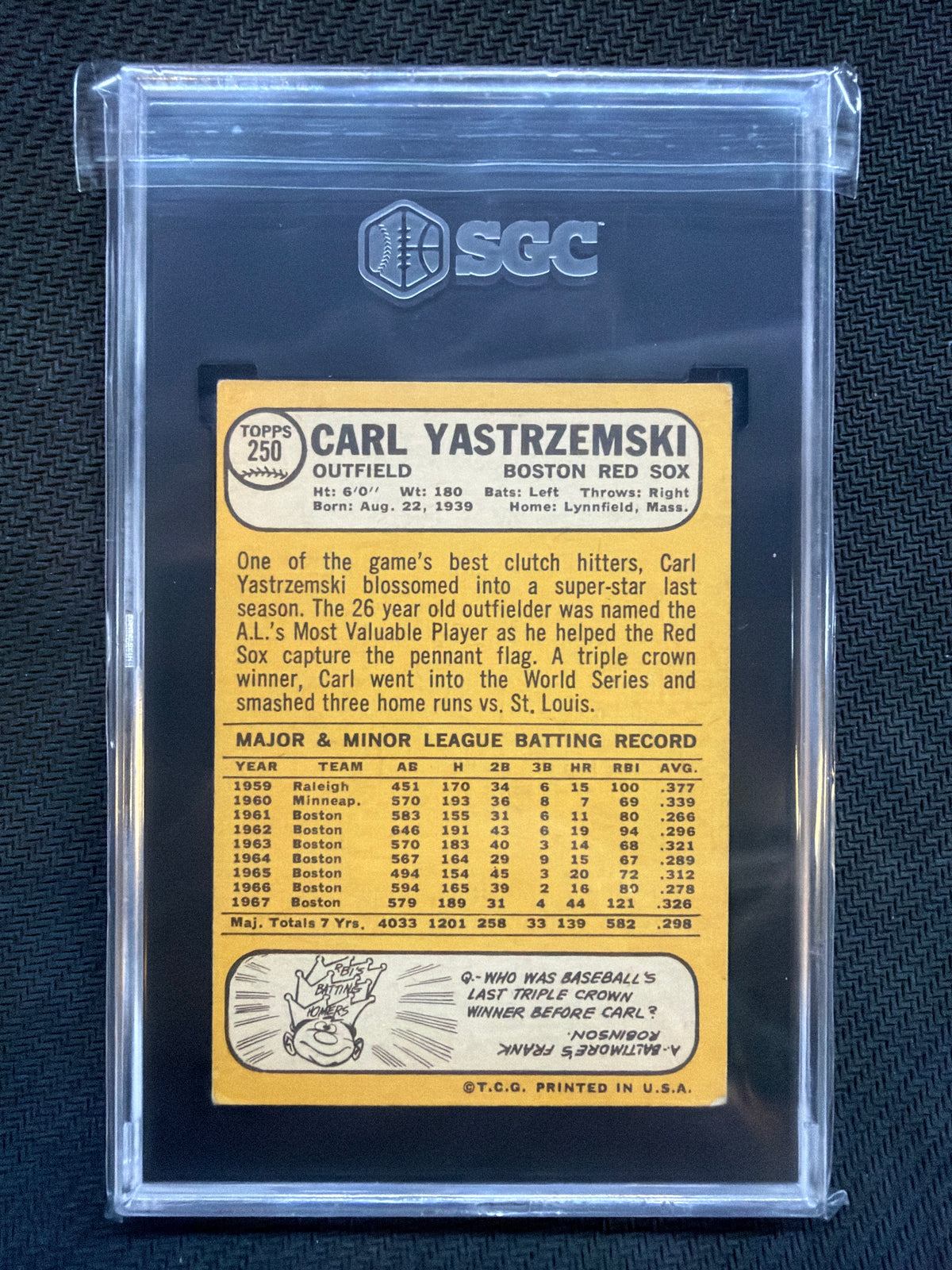 1968 Topps Carl Yastrzemski #250 SGC 3 Red Sox