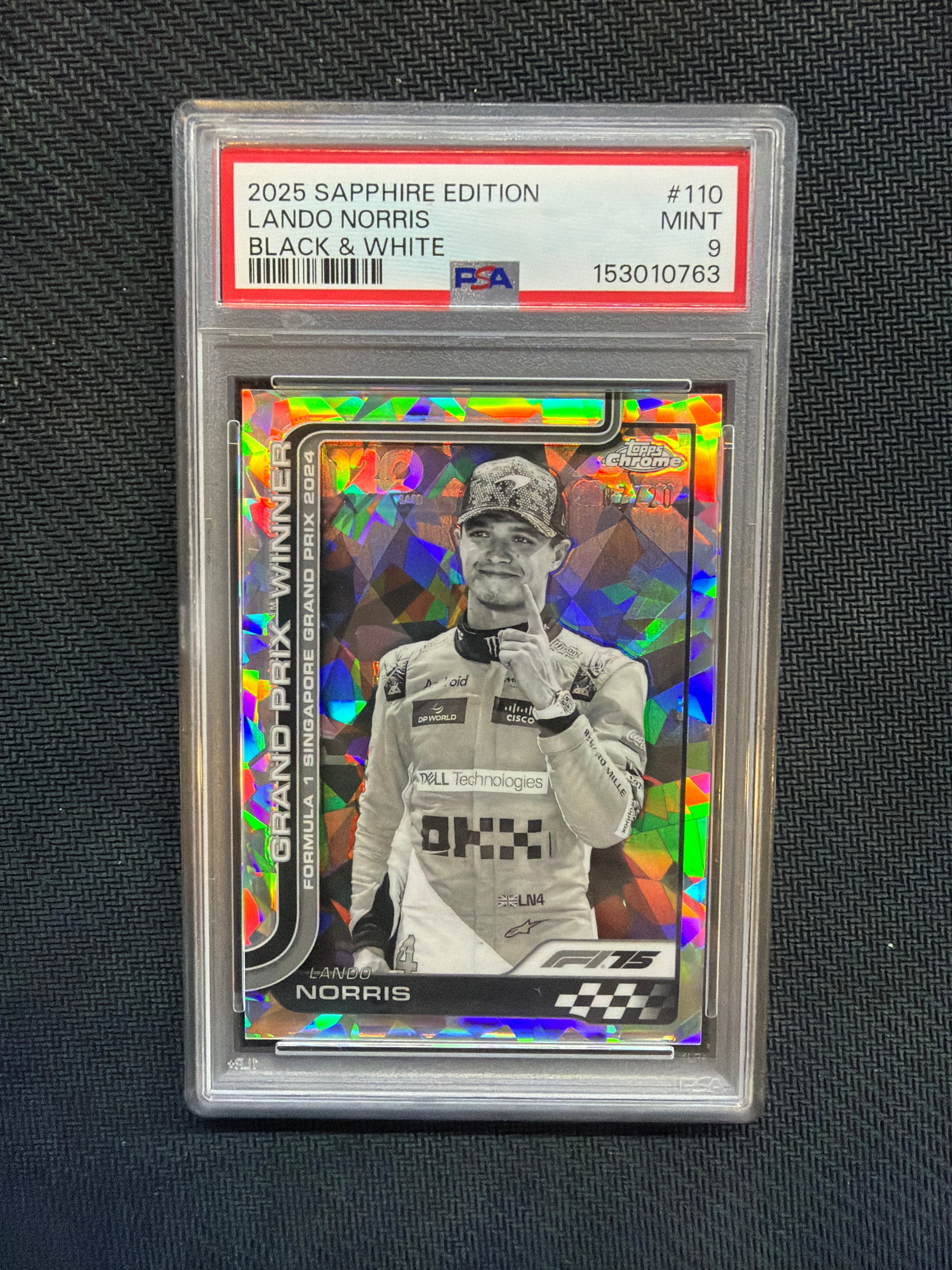 2025 Topps Chrome F1 Sapphire Lando Norris Black & White /20 PSA 9