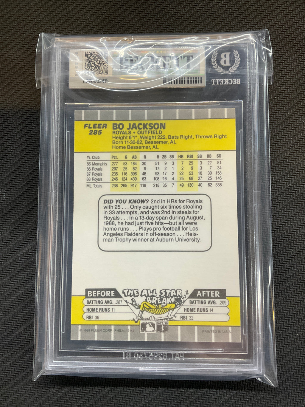 1989 Fleer #285 Bo Jackosn BGS 9 Royals