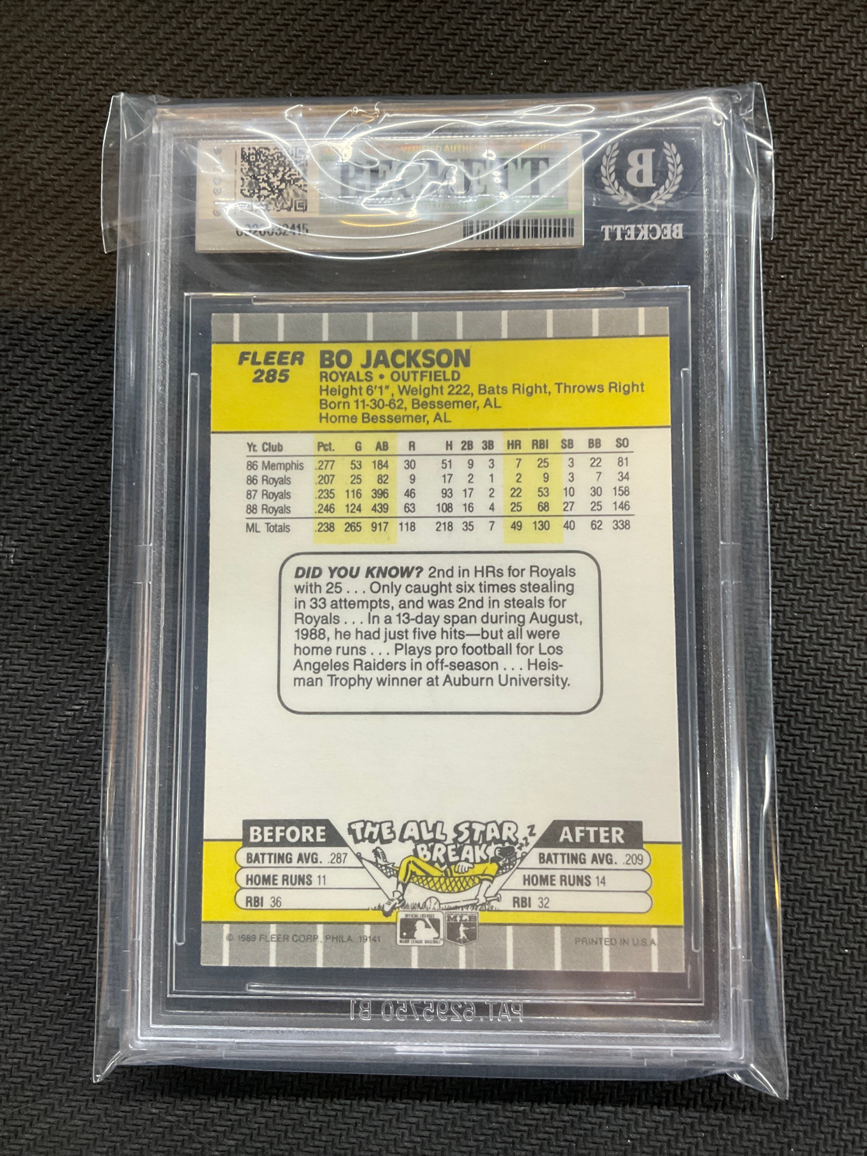 1989 Fleer #285 Bo Jackosn BGS 9 Royals