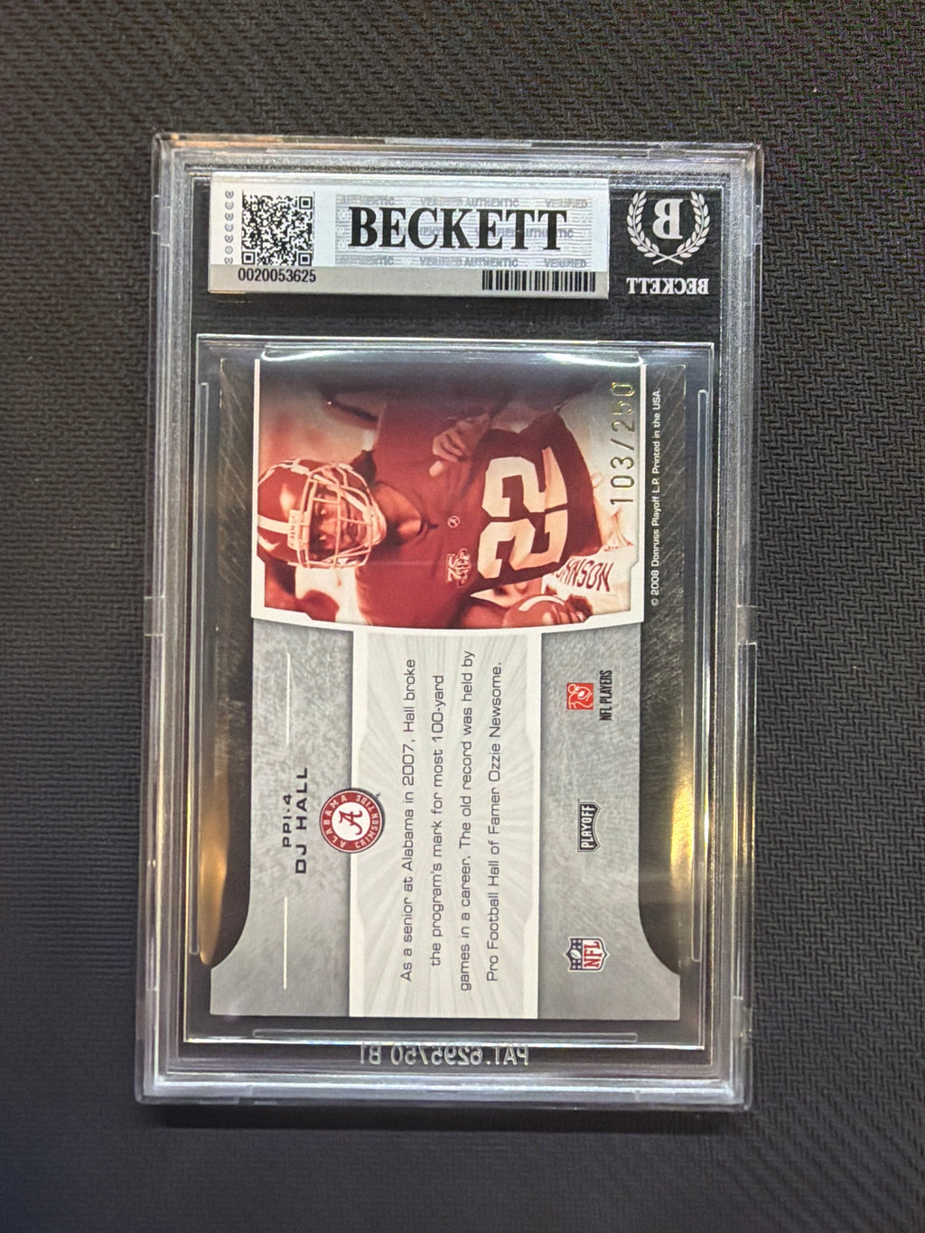 2008 Playoff Prestige DJ Hall Purple /250 BGS 8.5 Alabama