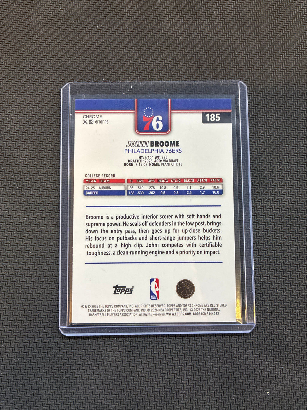 2025-26 Topps Chrome Update Johni Broome Rookie Yellow Refractor /275 #185 76ers