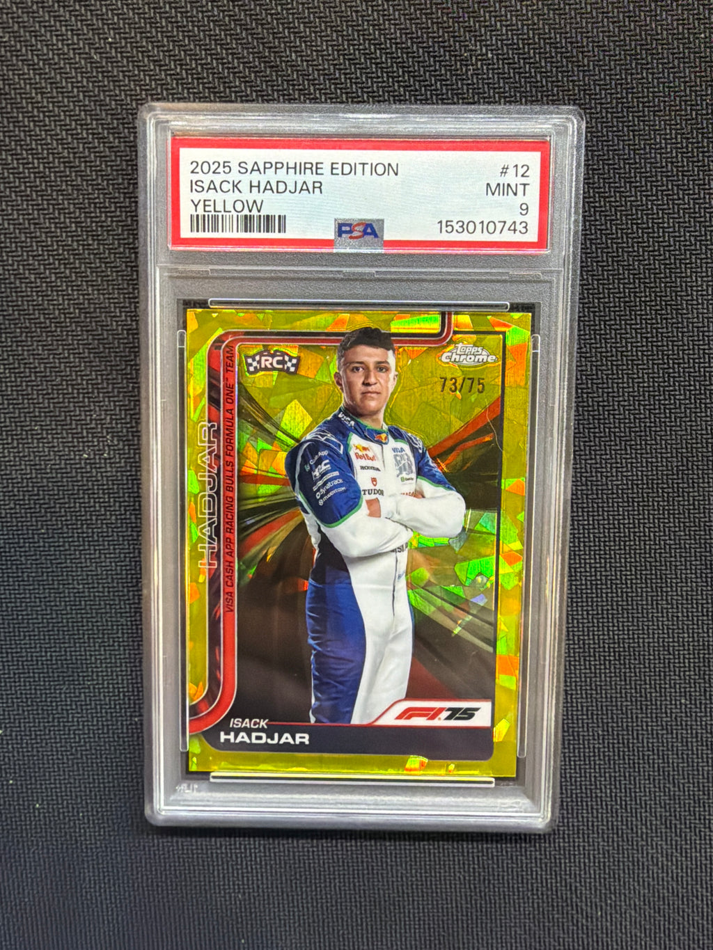 2025 Topps Chrome Sapphire F1 Isack Hadjar Yellow /75 PSA 9