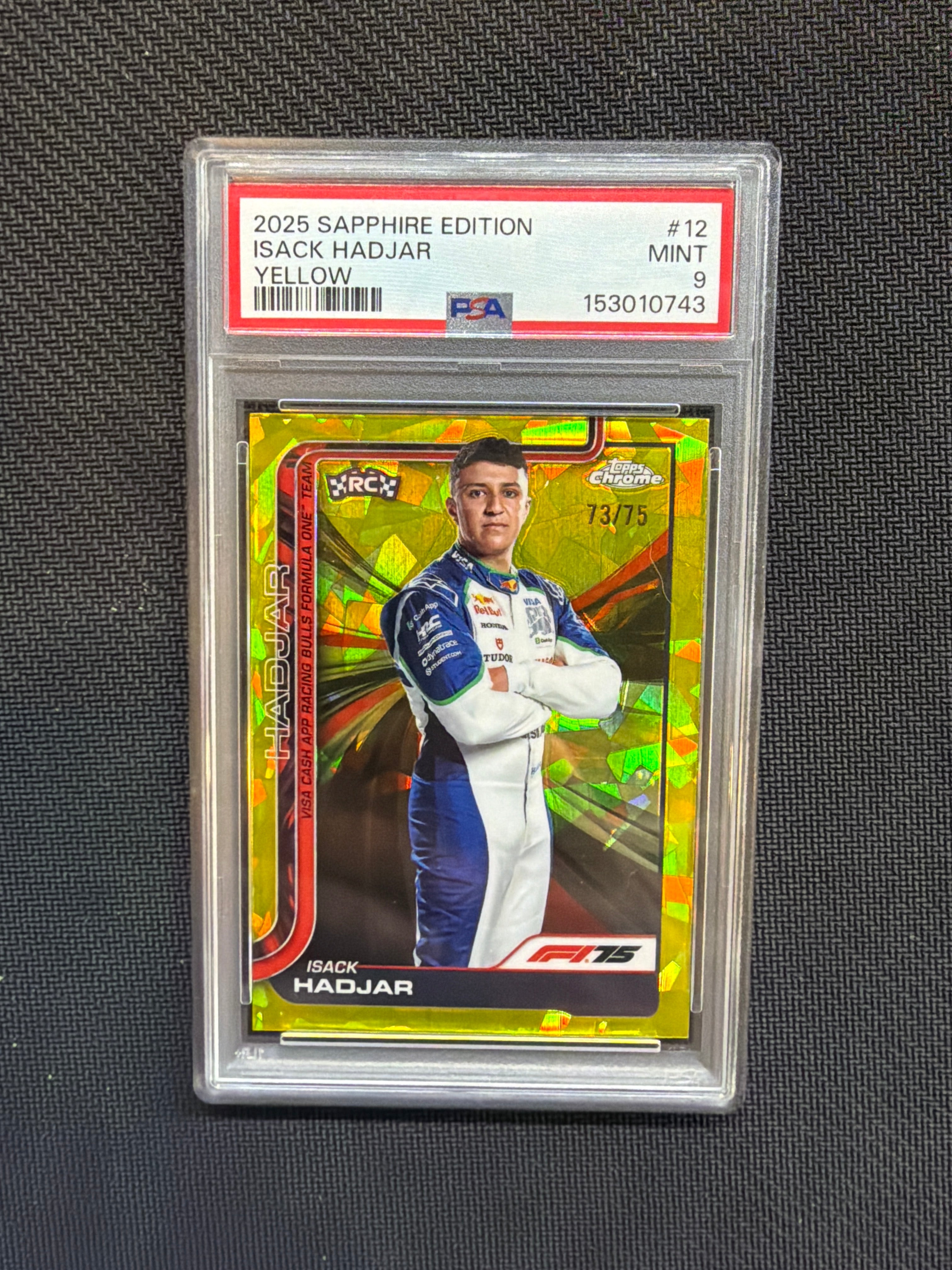 2025 Topps Chrome Sapphire F1 Isack Hadjar Yellow /75 PSA 9