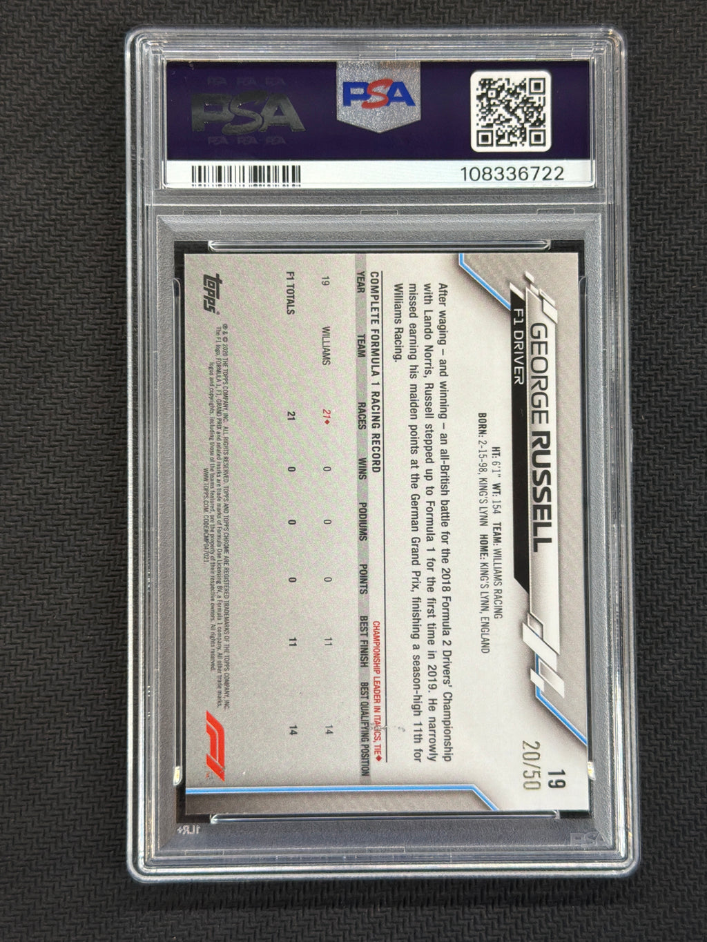2020 Topps Chrome F1 George Russell Rookie Gold /50 #19 PSA 9 722