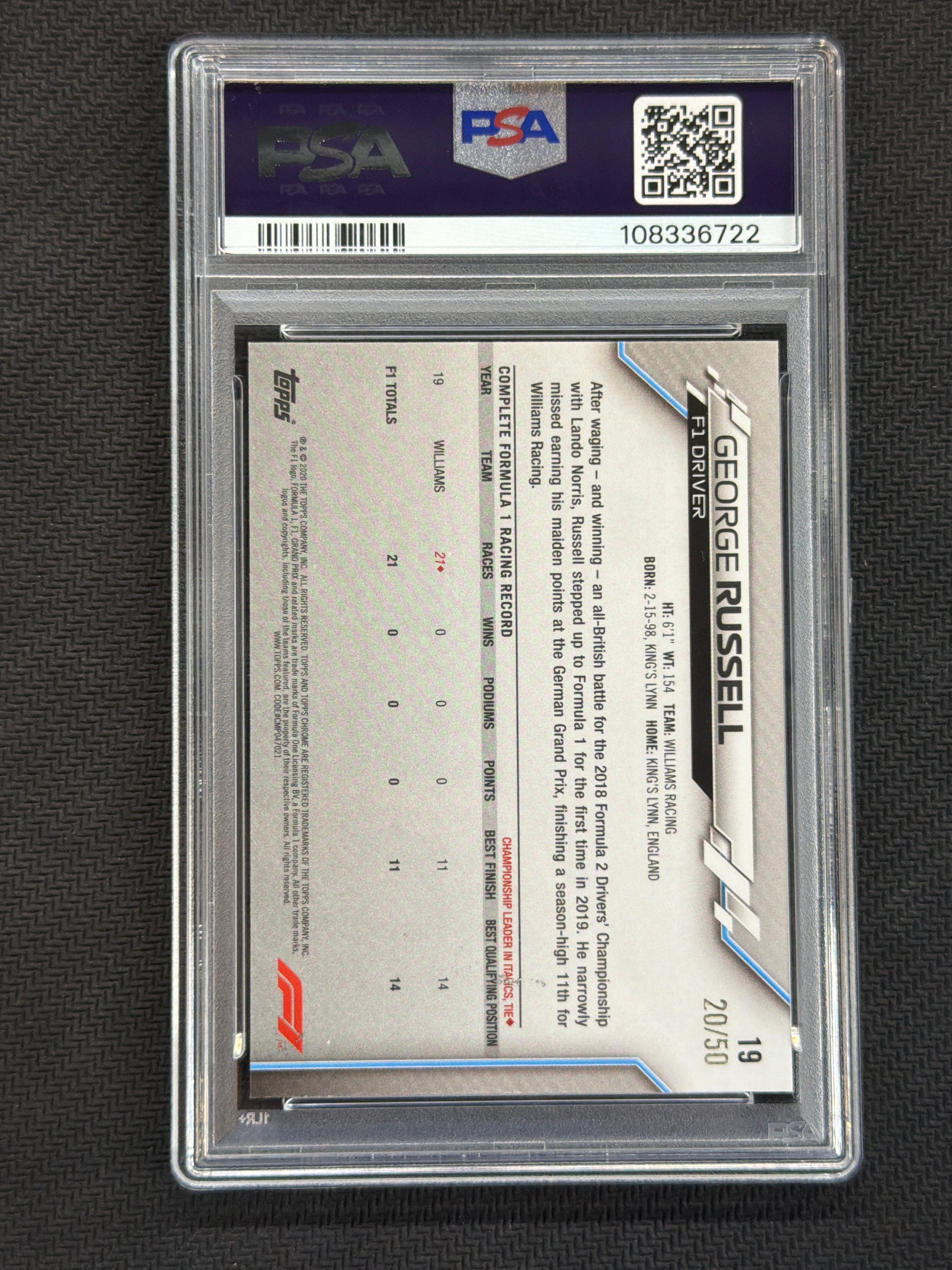 2020 Topps Chrome F1 George Russell Rookie Gold /50 #19 PSA 9 722