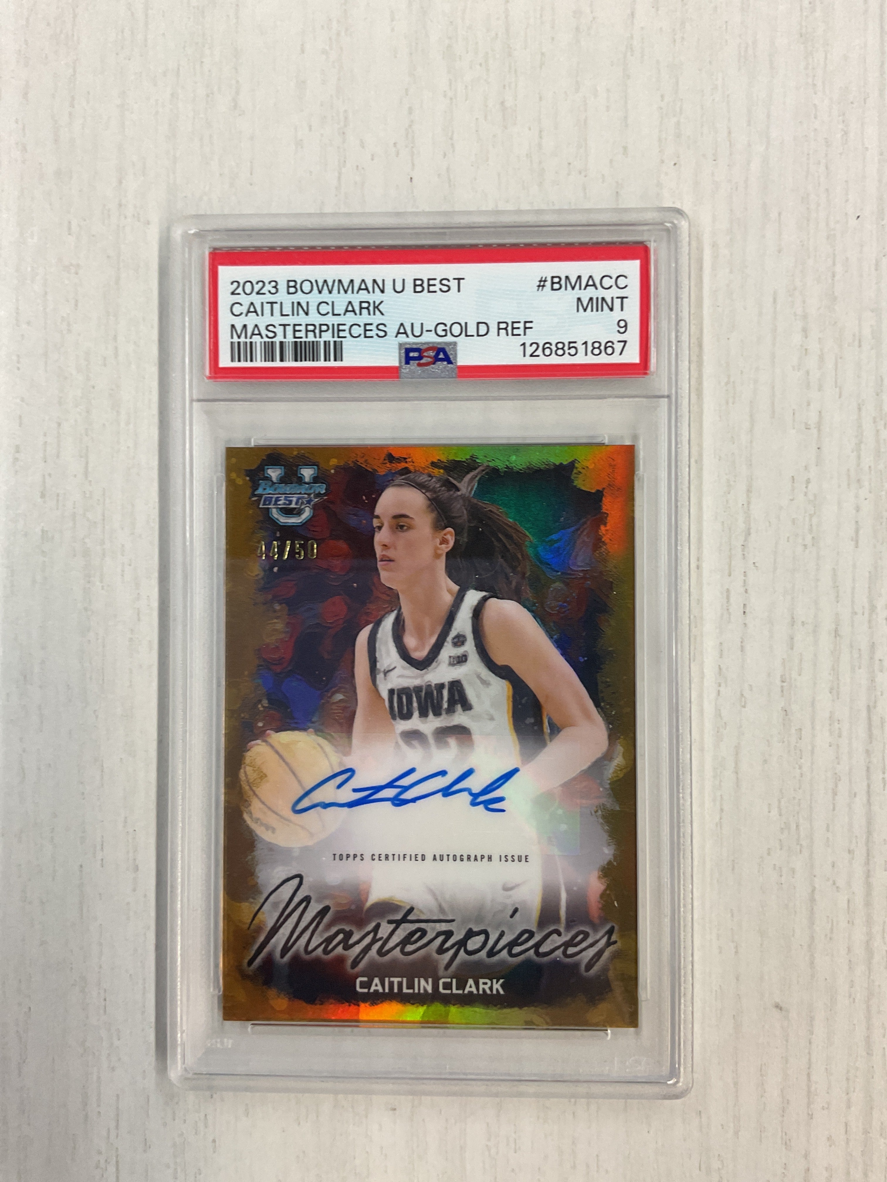 2023 Bowman U Best Caitlin Clark Masterpieces Gold Auto /50 PSA 9