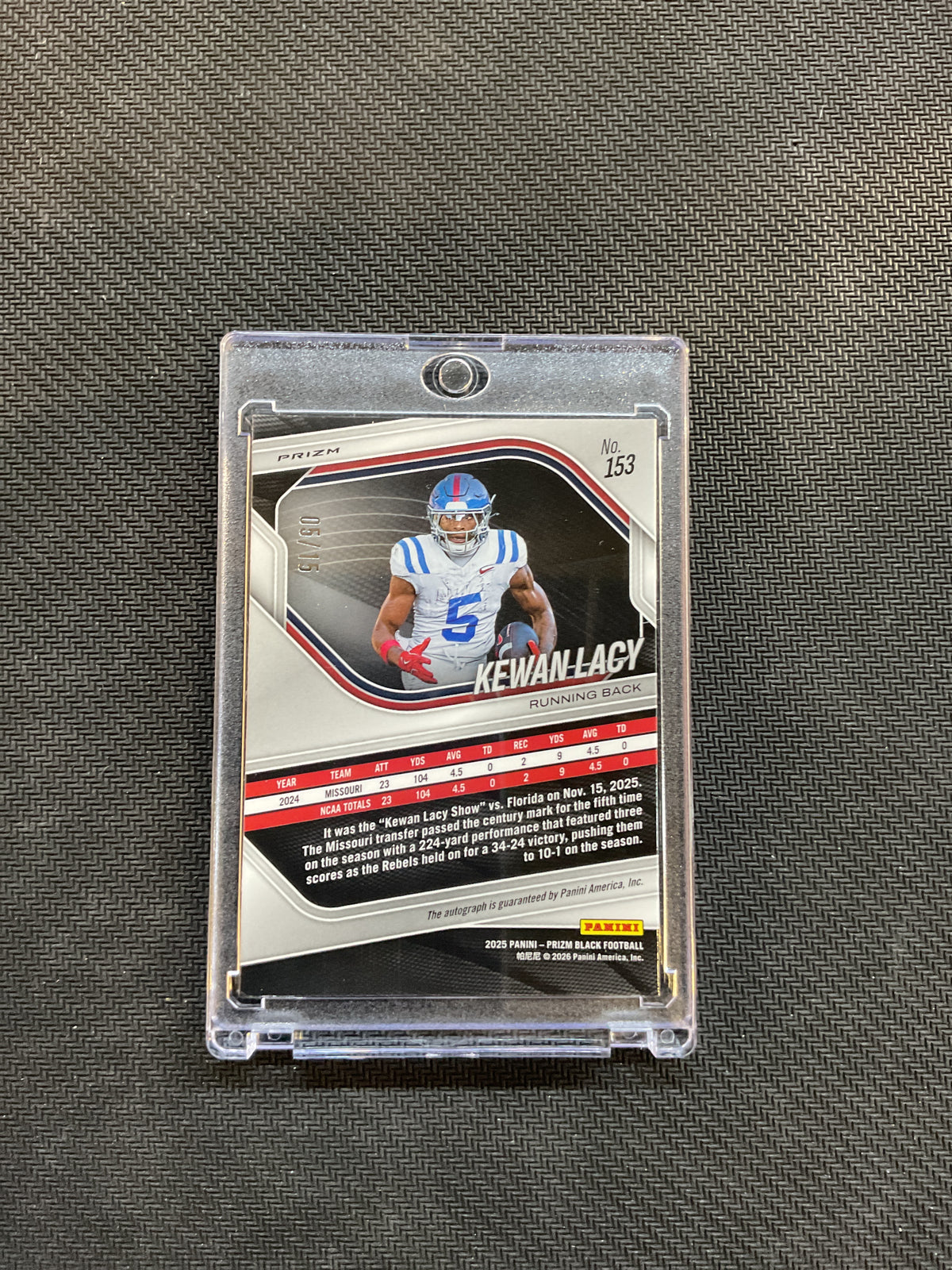 2025 Prizm Black Kewan Lacy Blue Shimmer Auto 5/15 Jersey Match Ole Miss