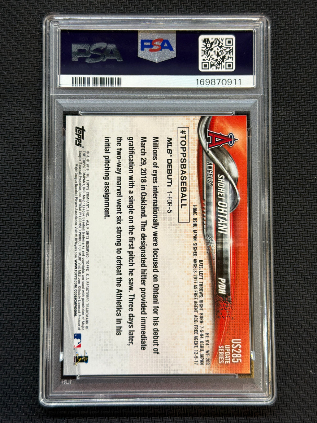 2018 Topps Update Shohei Ohtani #US285 PSA 10 911