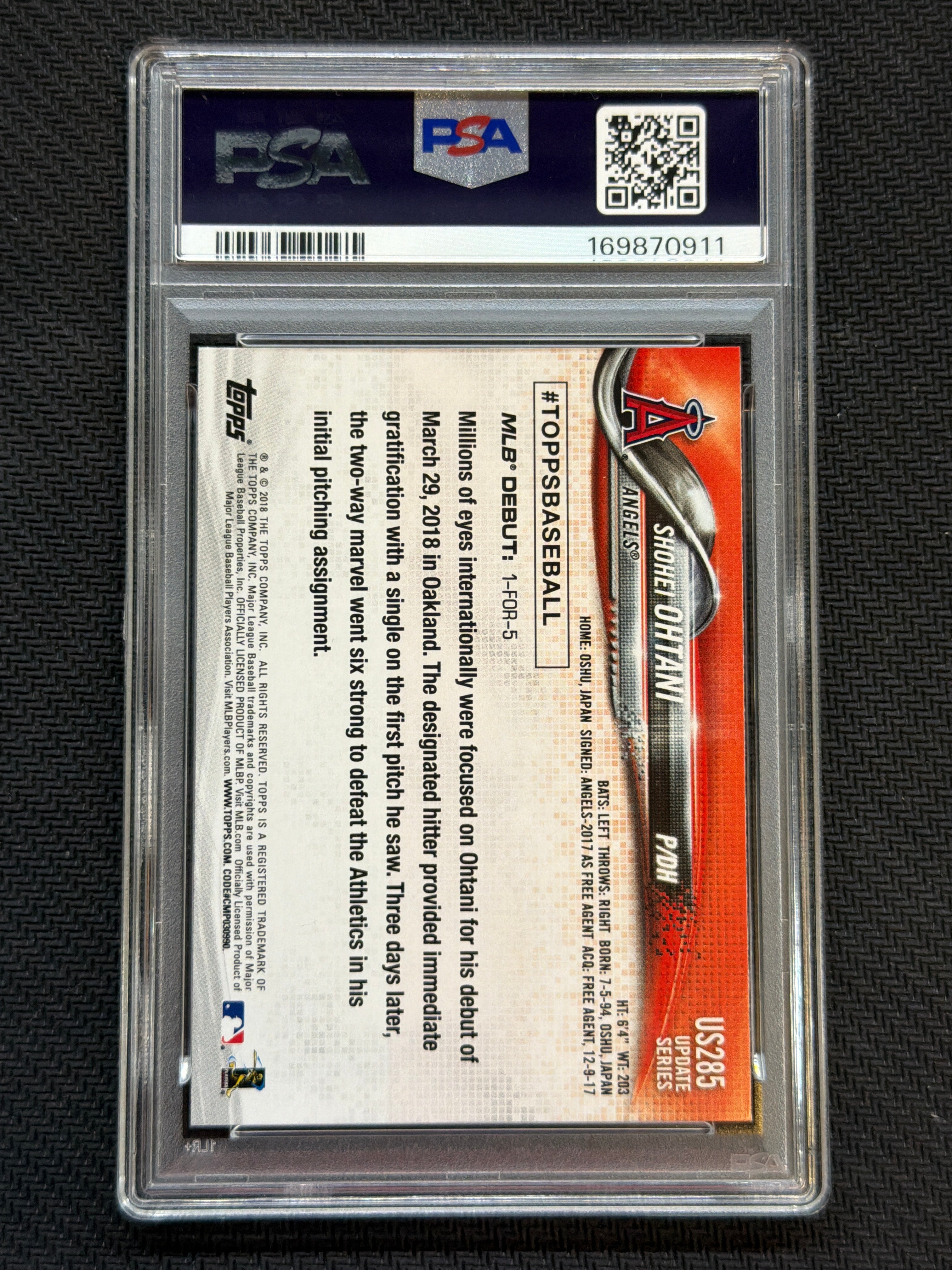 2018 Topps Update Shohei Ohtani #US285 PSA 10 911
