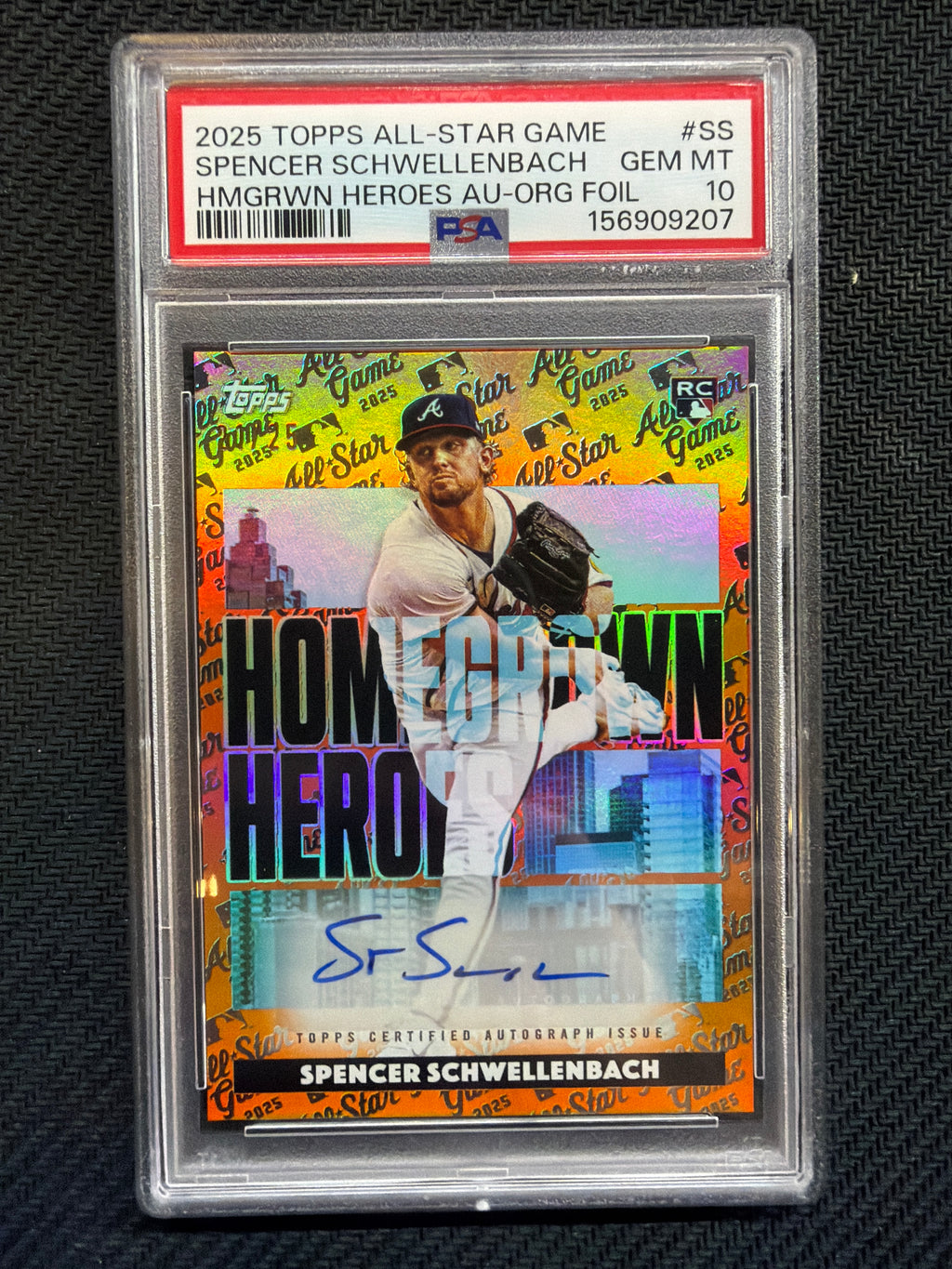 2025 Topps All Star Games Spencer Schwellenbach Homegrown Heroes Auto Orange Foil /25 #SS PSA 10 Braves