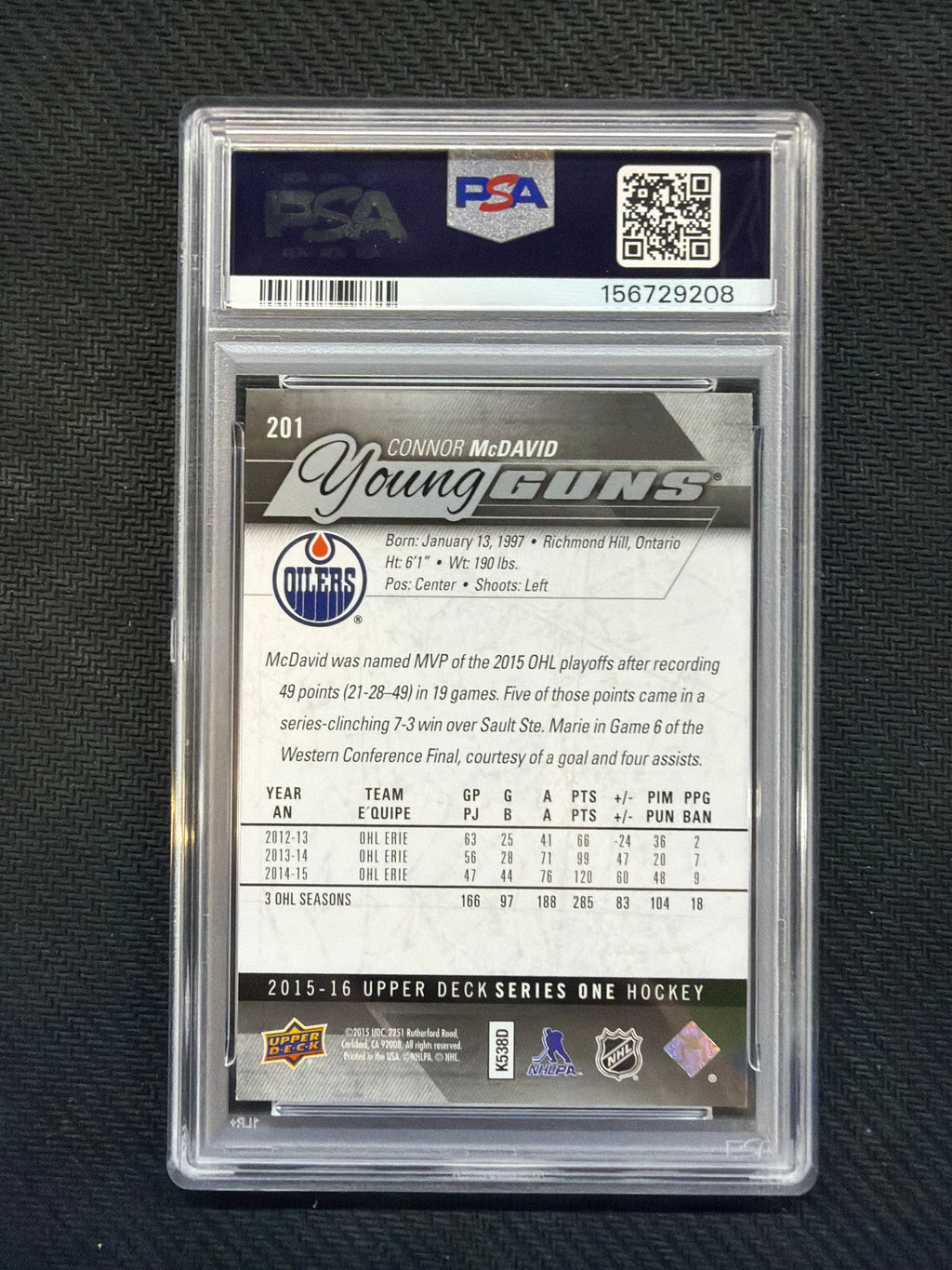 2015 Upper Deck Connor McDavid Young Guns PSA 9 Oilers