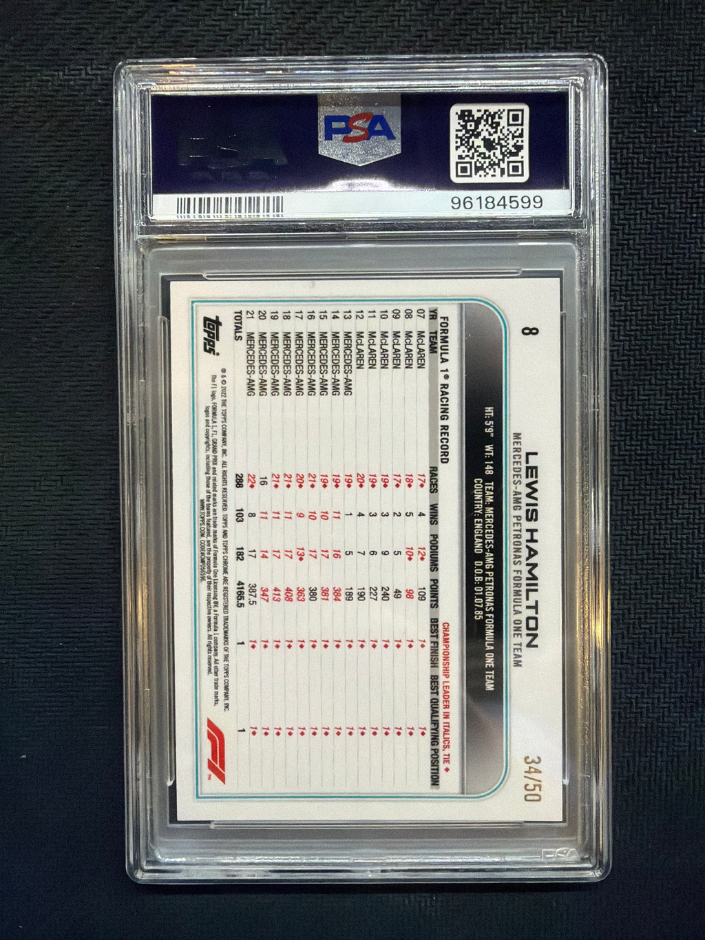 2022 Topps Chrome F1 Lewis Hamilton Gold Checker /50 PSA 10 599