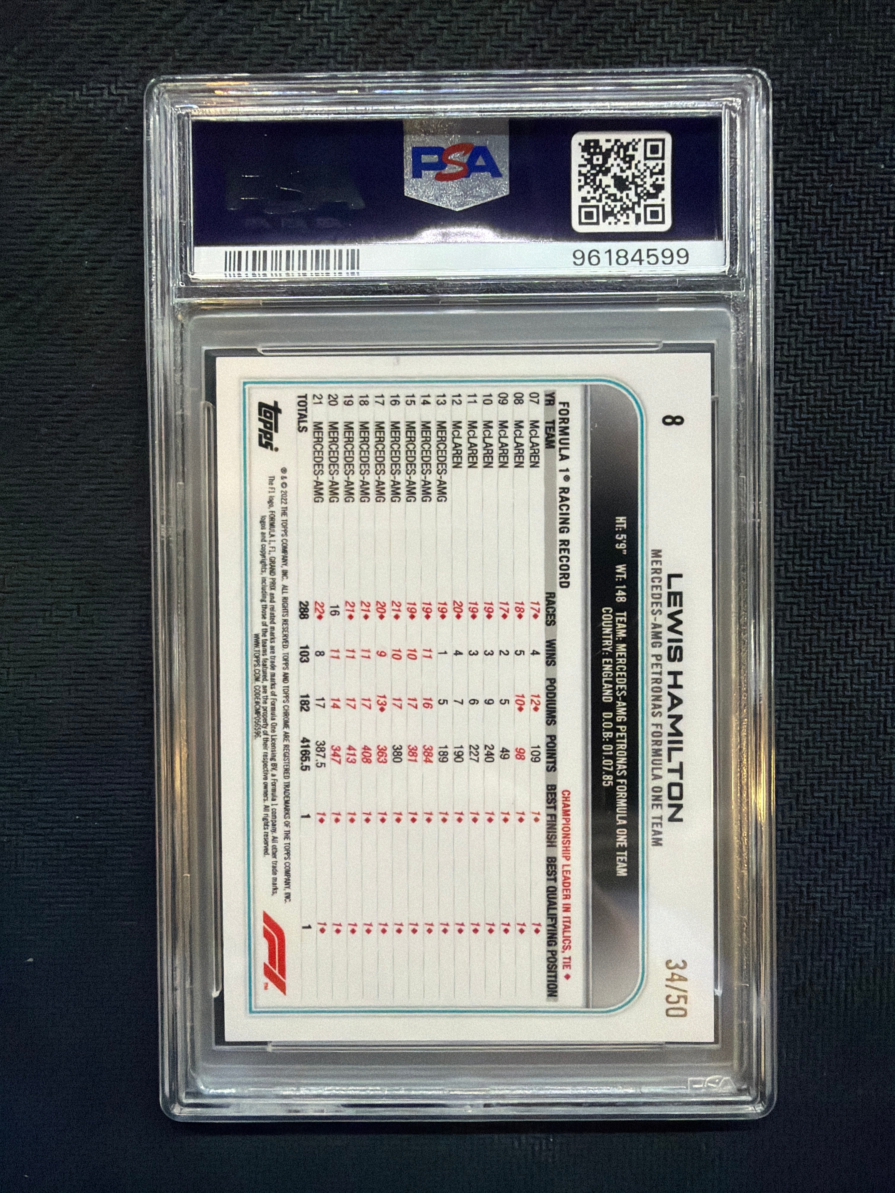 2022 Topps Chrome F1 Lewis Hamilton Gold Checker /50 PSA 10 599