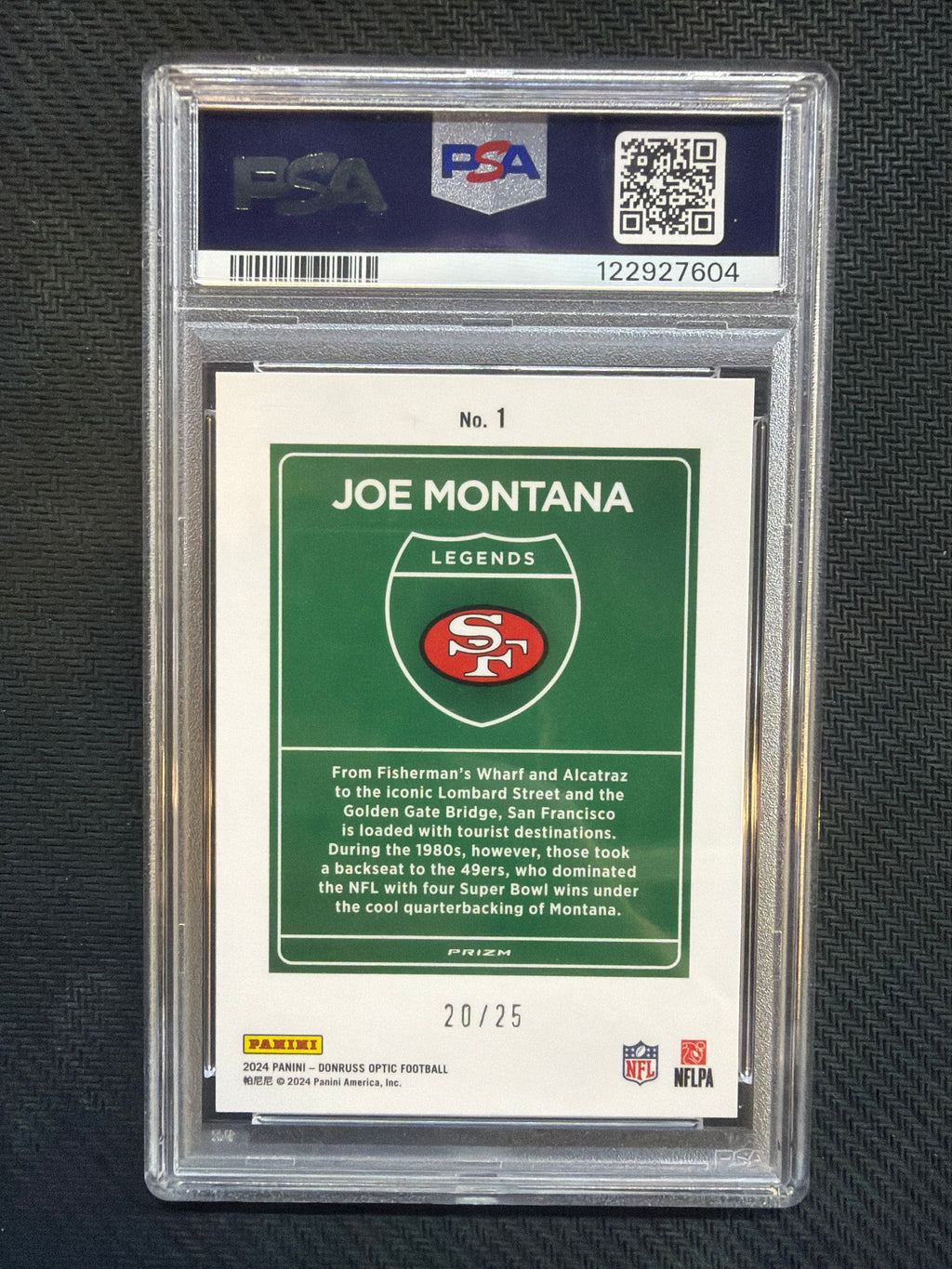 2024 Donruss Optic Joe Montana Downtown! Legends Black Pandora /25 PSA 10