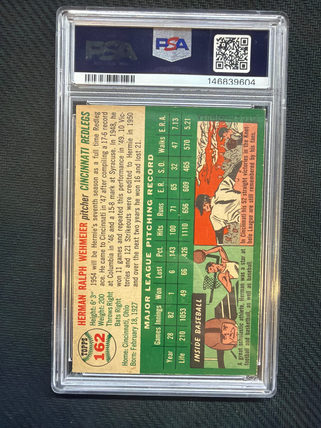 1954 Topps Herman Wehmeier #162 PSA 6 Reds