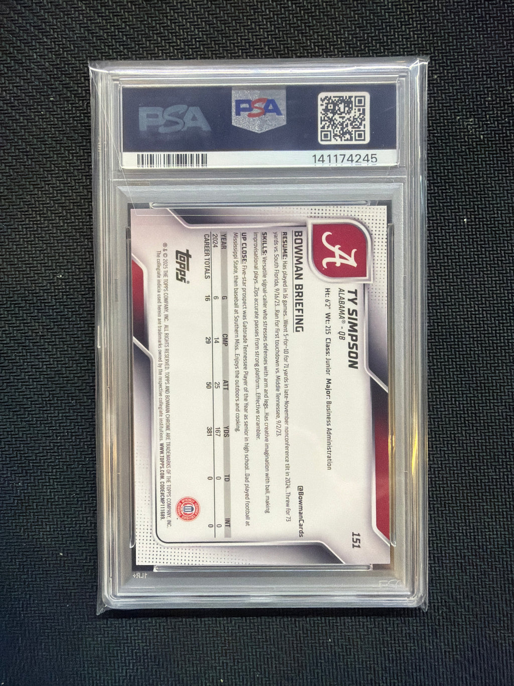 2025 Bowman U Chrome Ty Simpson Black & White /48 PSA 9 Alabama
