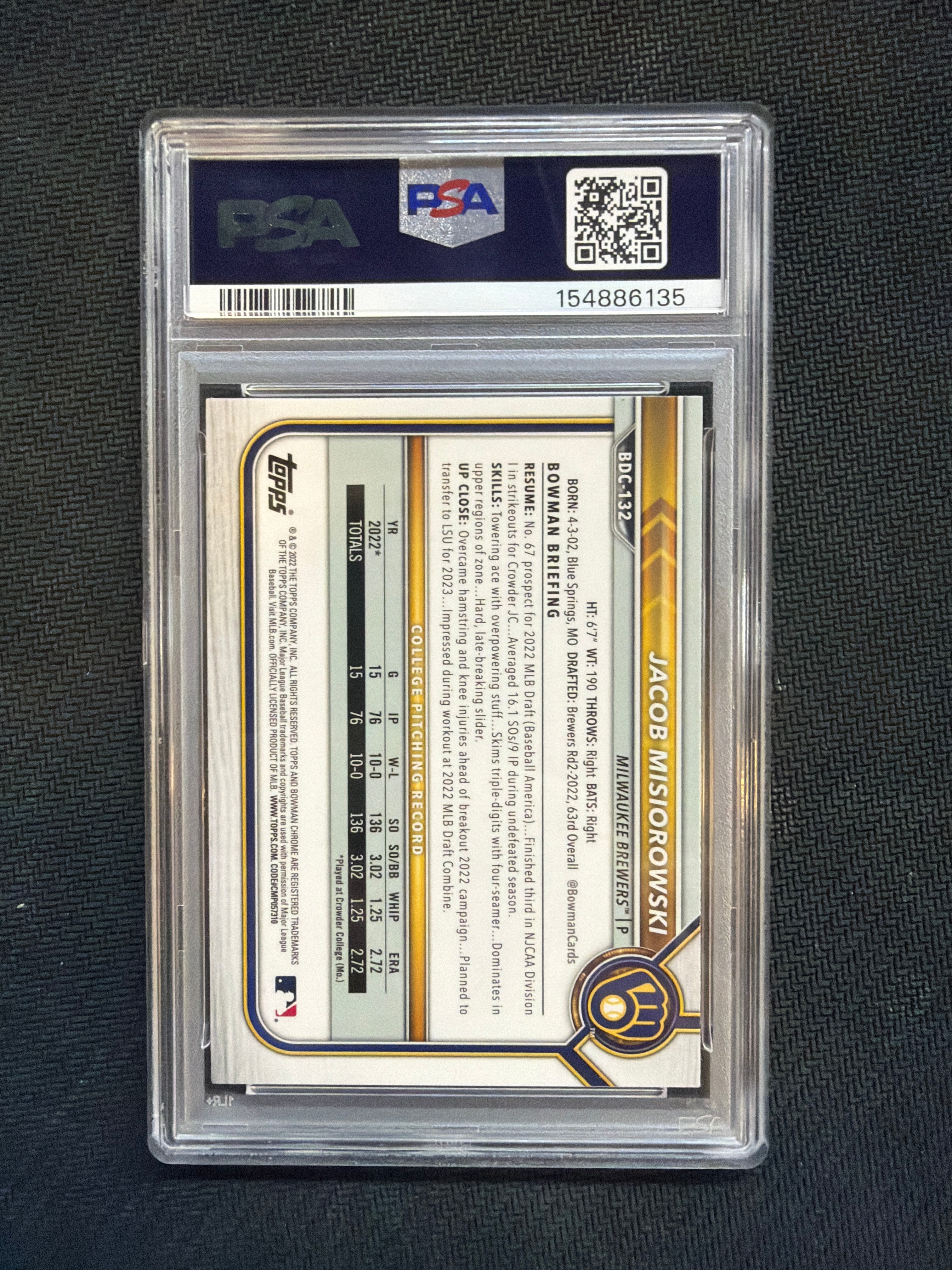 2022 Bowman Draft Jacob Misiorowski Chrome PSA 10