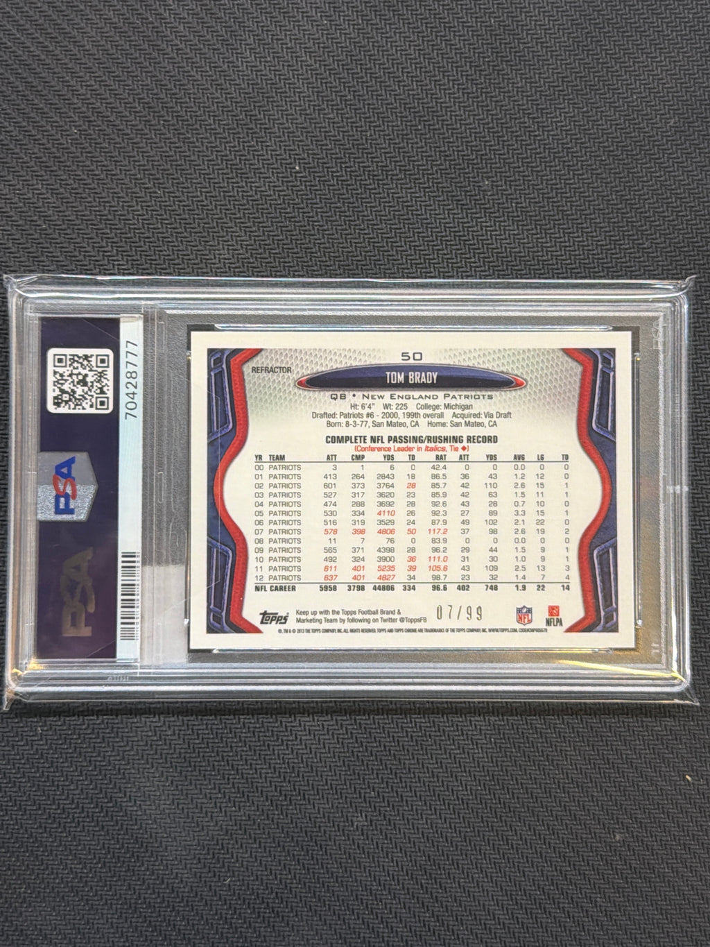 2013 Topps Chrome Tom Brady White Jersey Sepia Refractor /99 #50 PSA 9 Patriots