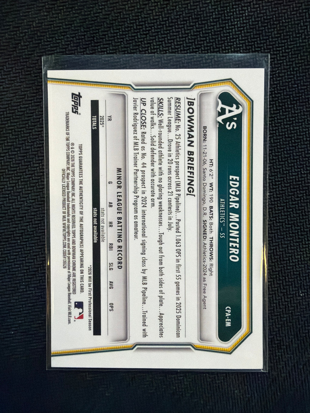 2026 Bowman Chrome Edgar Montero True Yellow 1st Auto /75
