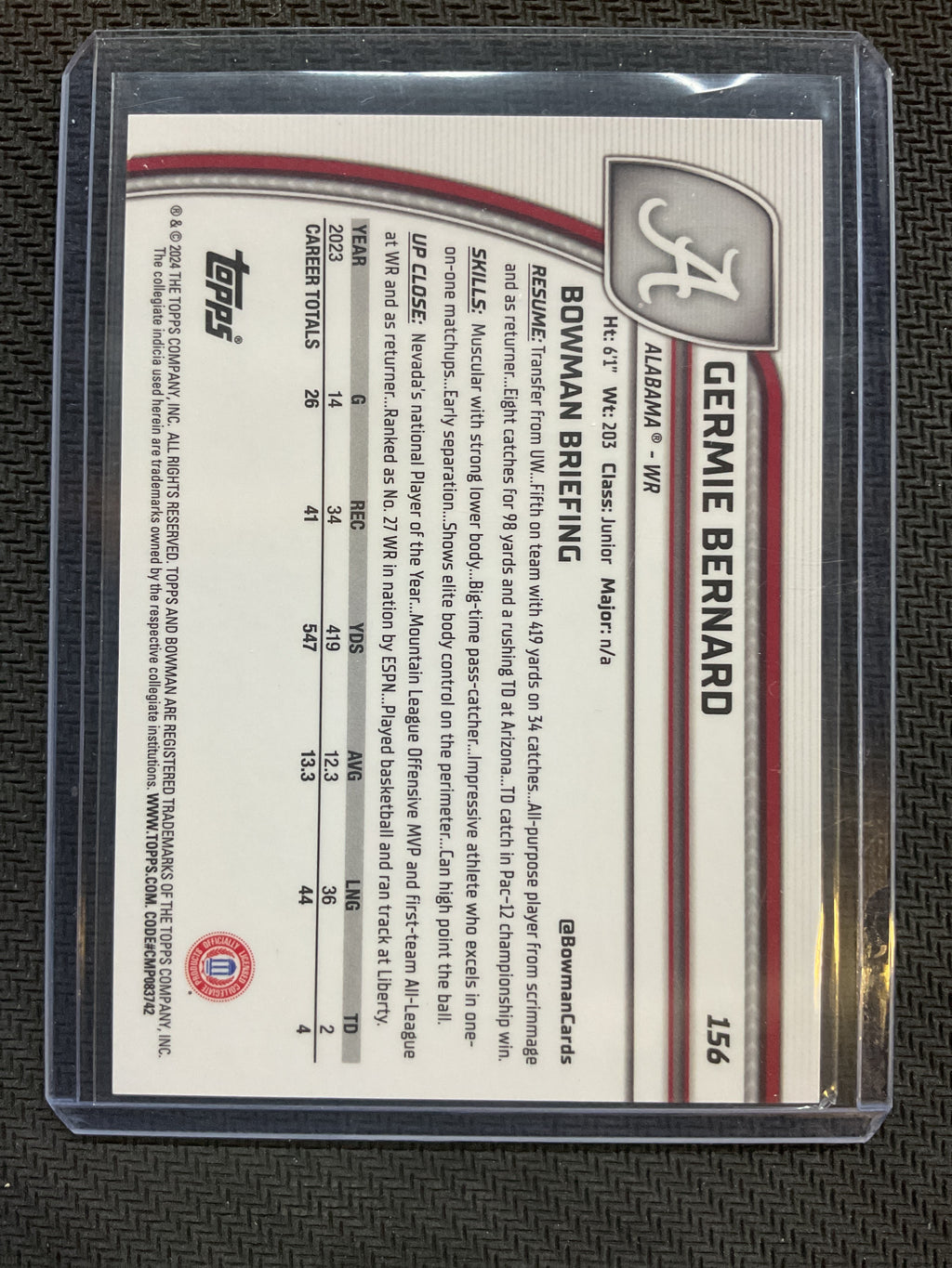 2024 Bowman Chrome U Germie Bernard 1st Bowman Purple Mini Diamond /375 Alabama