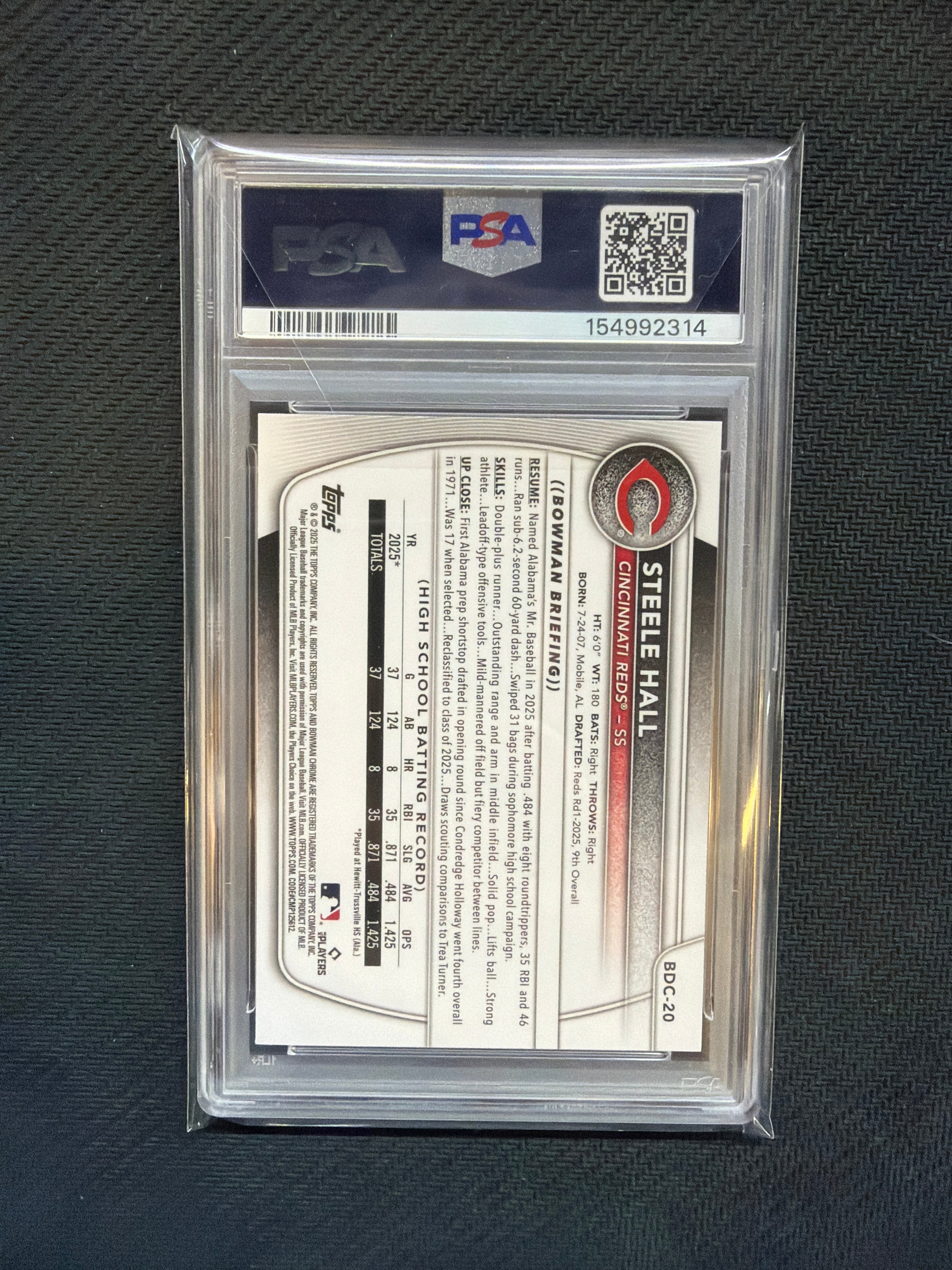 2025 Bowman Draft Sapphire Steele Hall Yellow /75 PSA 10