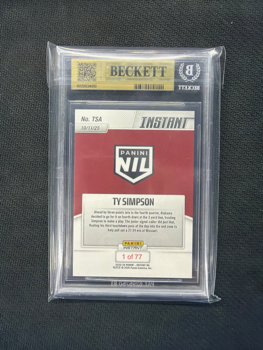2025 Panini Instant NIL TY Simpson BGS 10 610