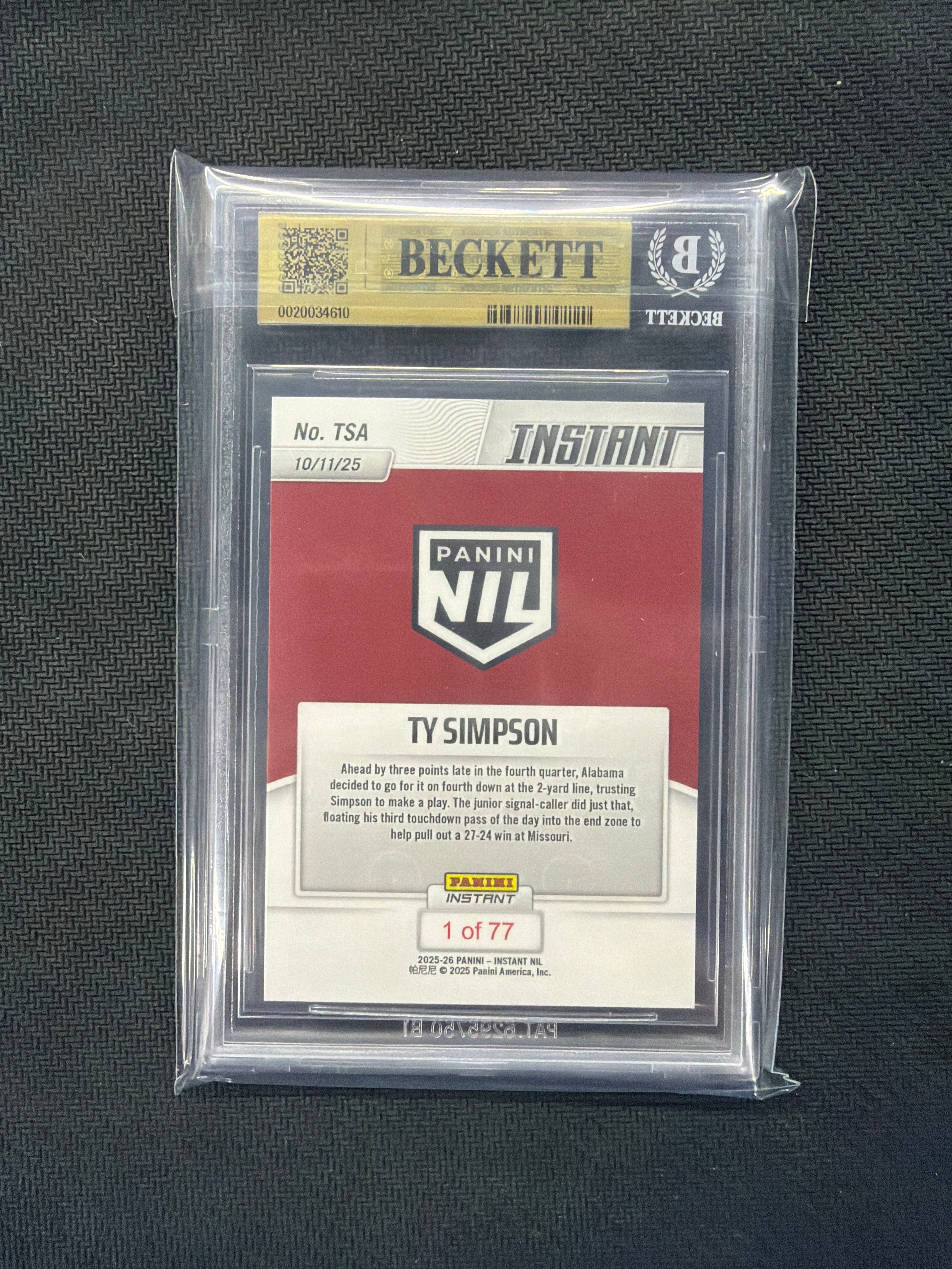 2025 Panini Instant NIL TY Simpson BGS 10 610