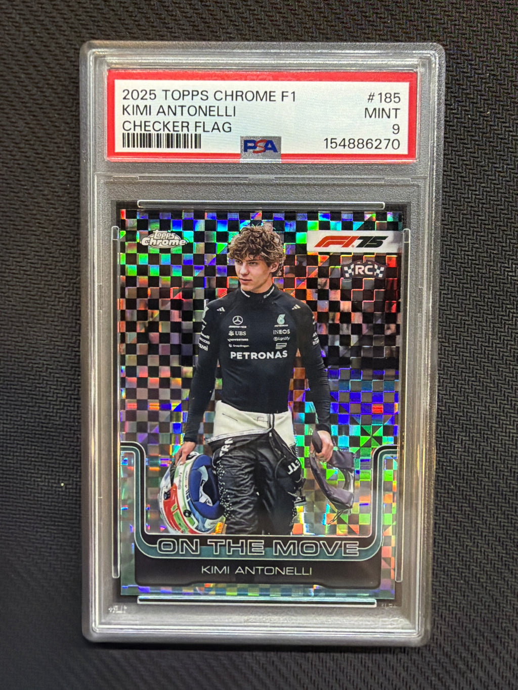 2025 Topps Chrome F1 Kimi Antonelli On The Move Checker Flag PSA 9