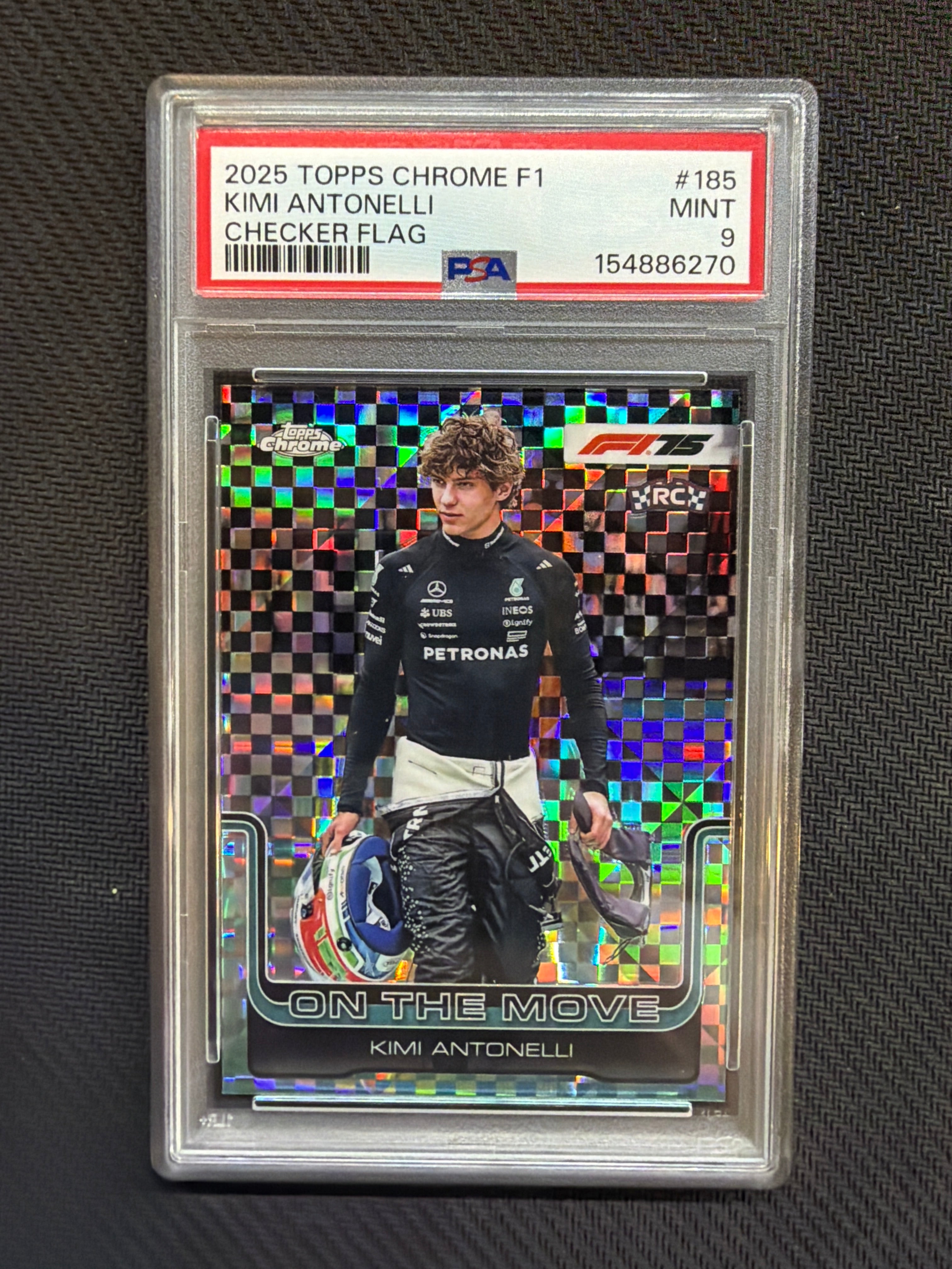 2025 Topps Chrome F1 Kimi Antonelli On The Move Checker Flag PSA 9