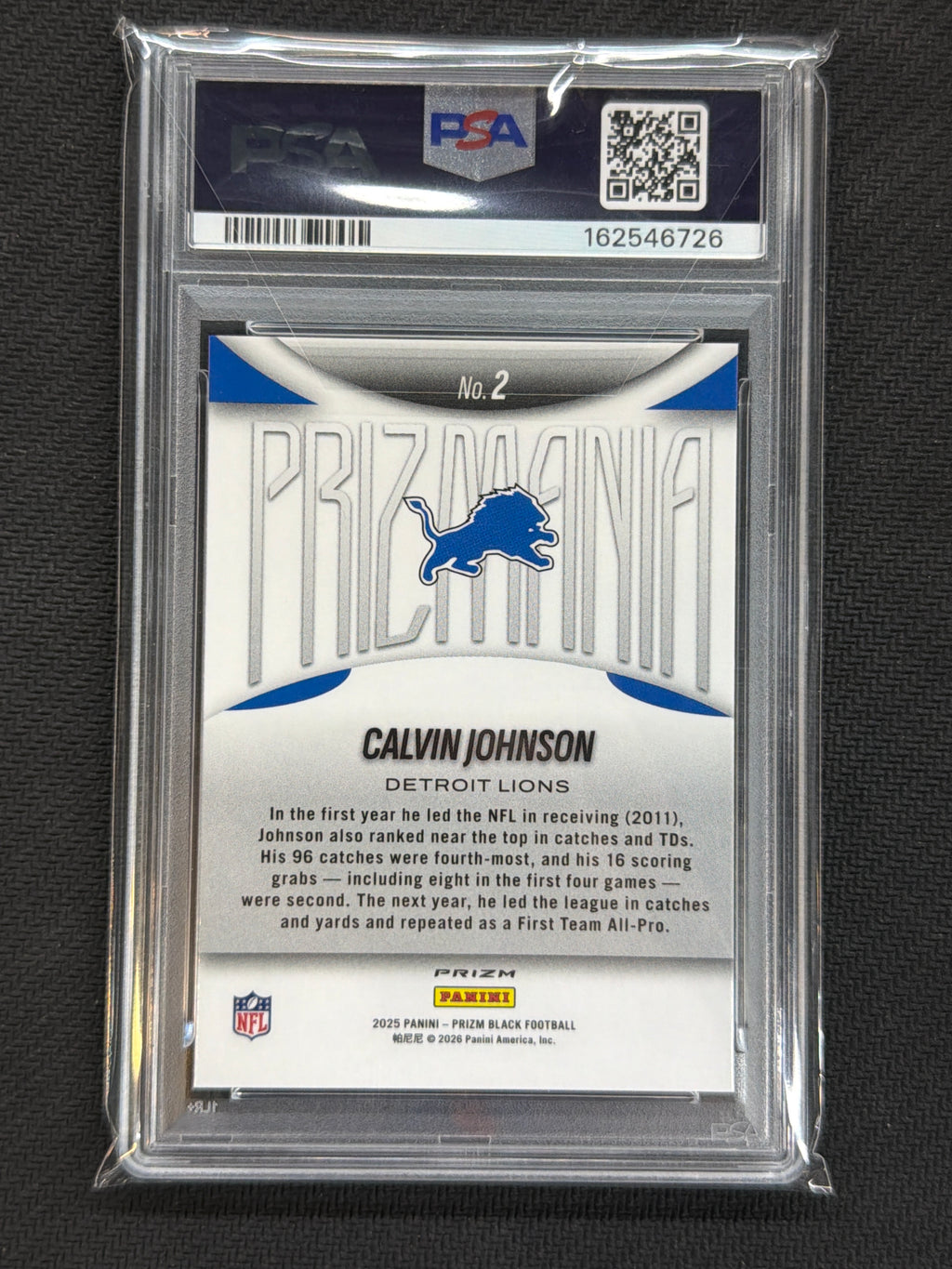 2025 Prizm Black Calvin Johnson Prizmania #2 PSA 9 726 Lions