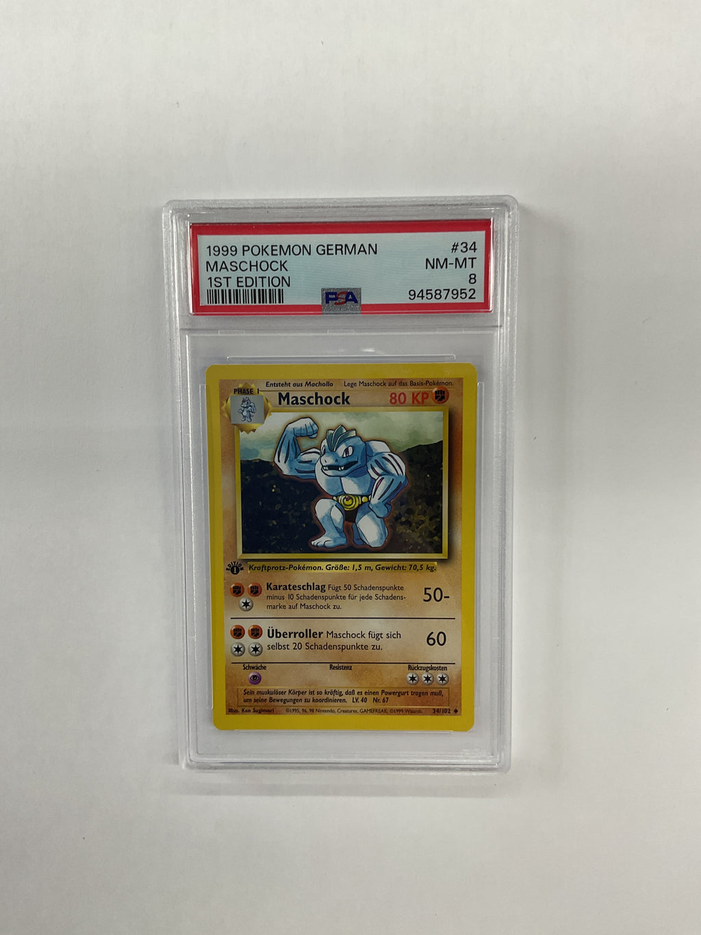 1999 German Pokemon 1st Edition Maschock (Machoke) 34 PSA 8