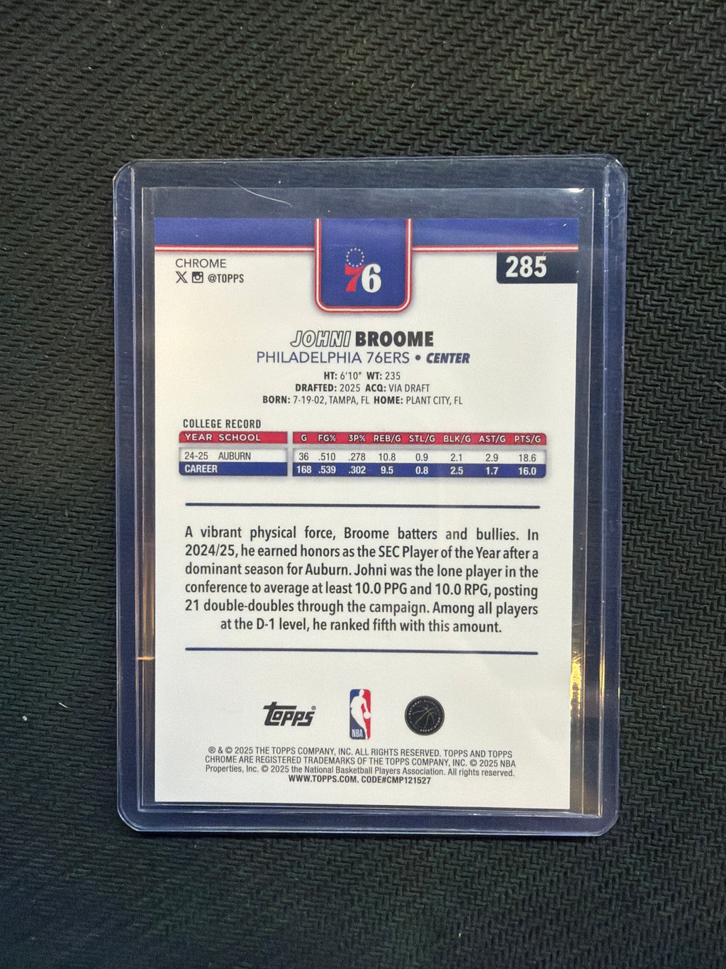 2025-26 Topps Chrome Sapphire Johni Broome Rookie Black /10 Auburn
